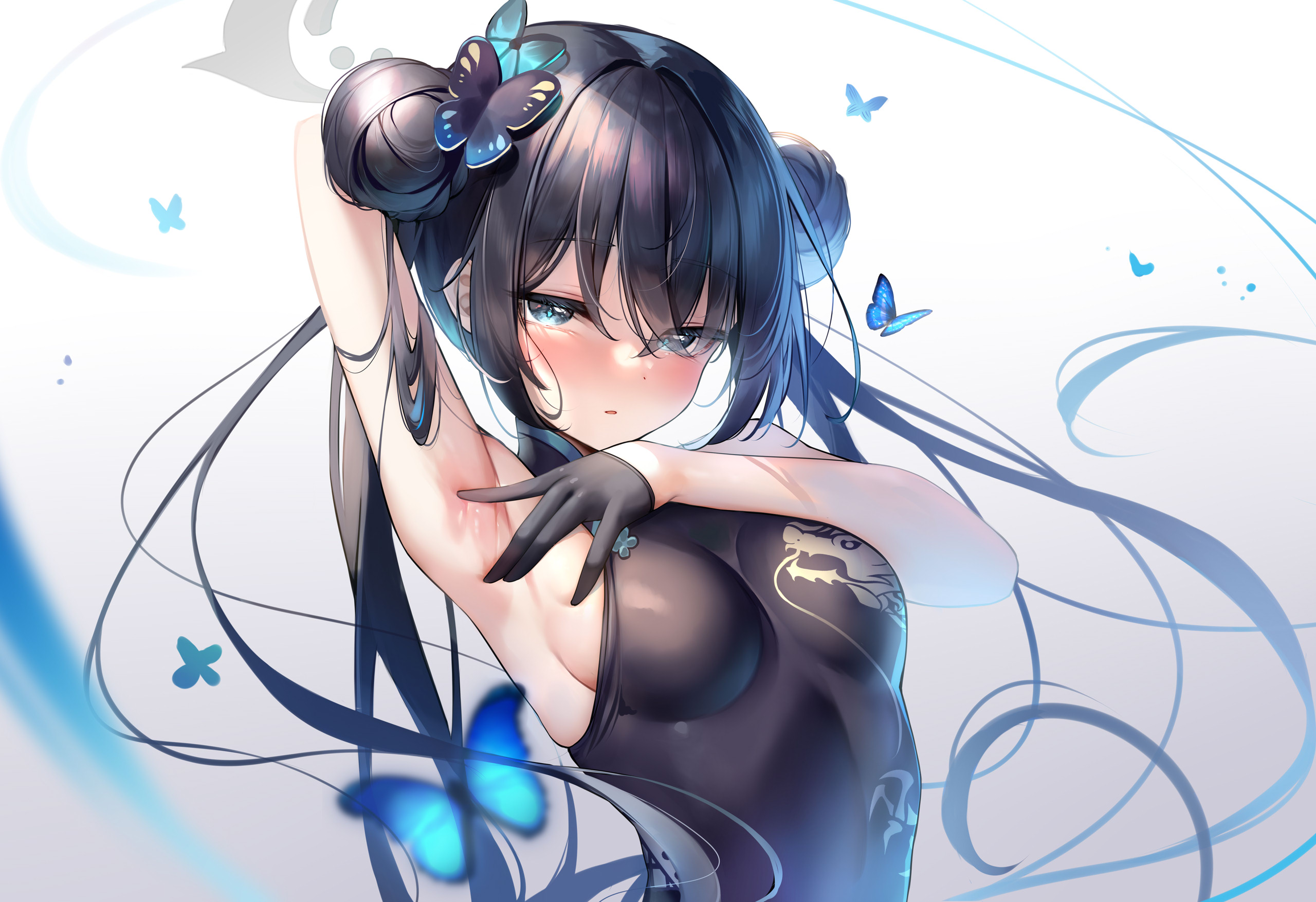 Anime 2560x1754 anime anime girls Ryuuge Kisaki (Blue Archive) sideboob armpits butterfly odango big boobs blushing looking at viewer hairbun long hair gloves insect Blue Archive Chinese dress minimalism simple background