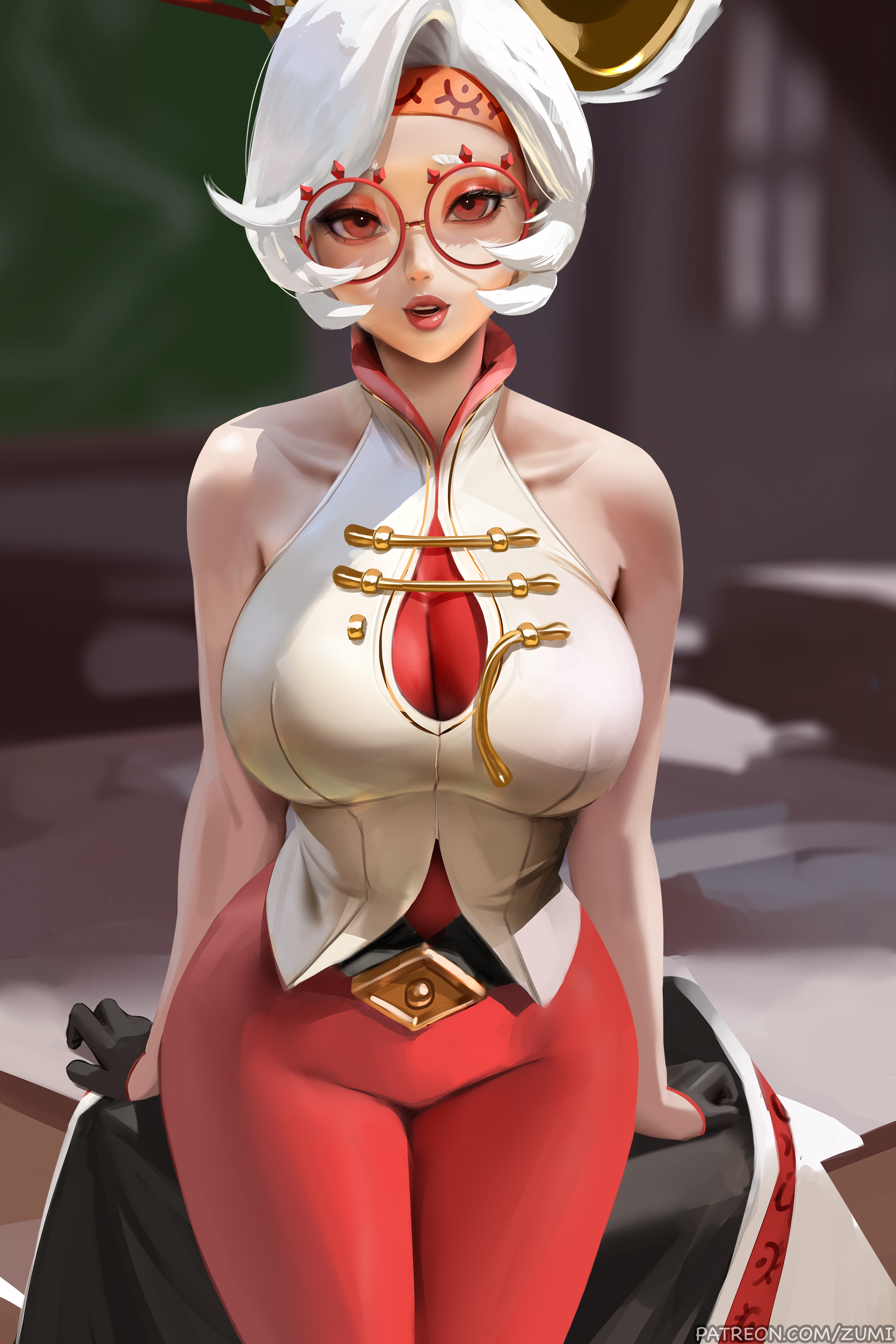 General 2339x3508 Purah The Legend of Zelda The Legend of Zelda: Tears of the Kingdom Nintendo video games video game girls 2D artwork drawing fan art Zumi portrait display gloves big boobs glasses watermarked standing looking at viewer short hair white hair red eyes cleavage bare shoulders blurred blurry background