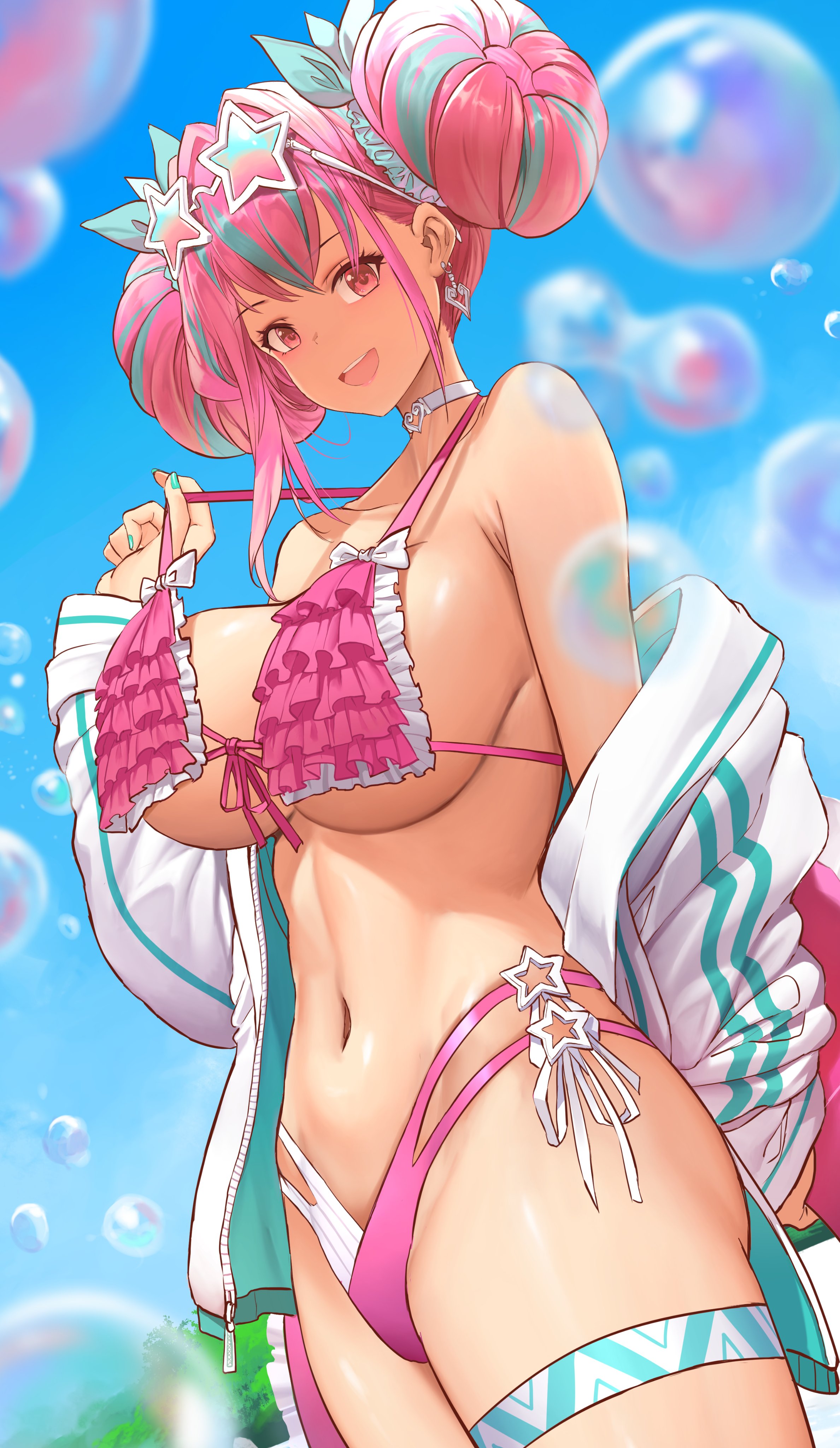 Anime 2377x4096 Dishwasher1910 bikini anime girls portrait display pink hair looking at viewer Bremerton (Azur Lane) sky Azur Lane huge breasts open jacket thigh strap multi-colored hair odango hairbun bare shoulders women outdoors thighs smiling sunglasses star sunglasses pink eyes pulling clothing jacket belly button hair ribbon long sleeves pink bikini pink swimsuit belly choker white jacket clear sky bubbles frills