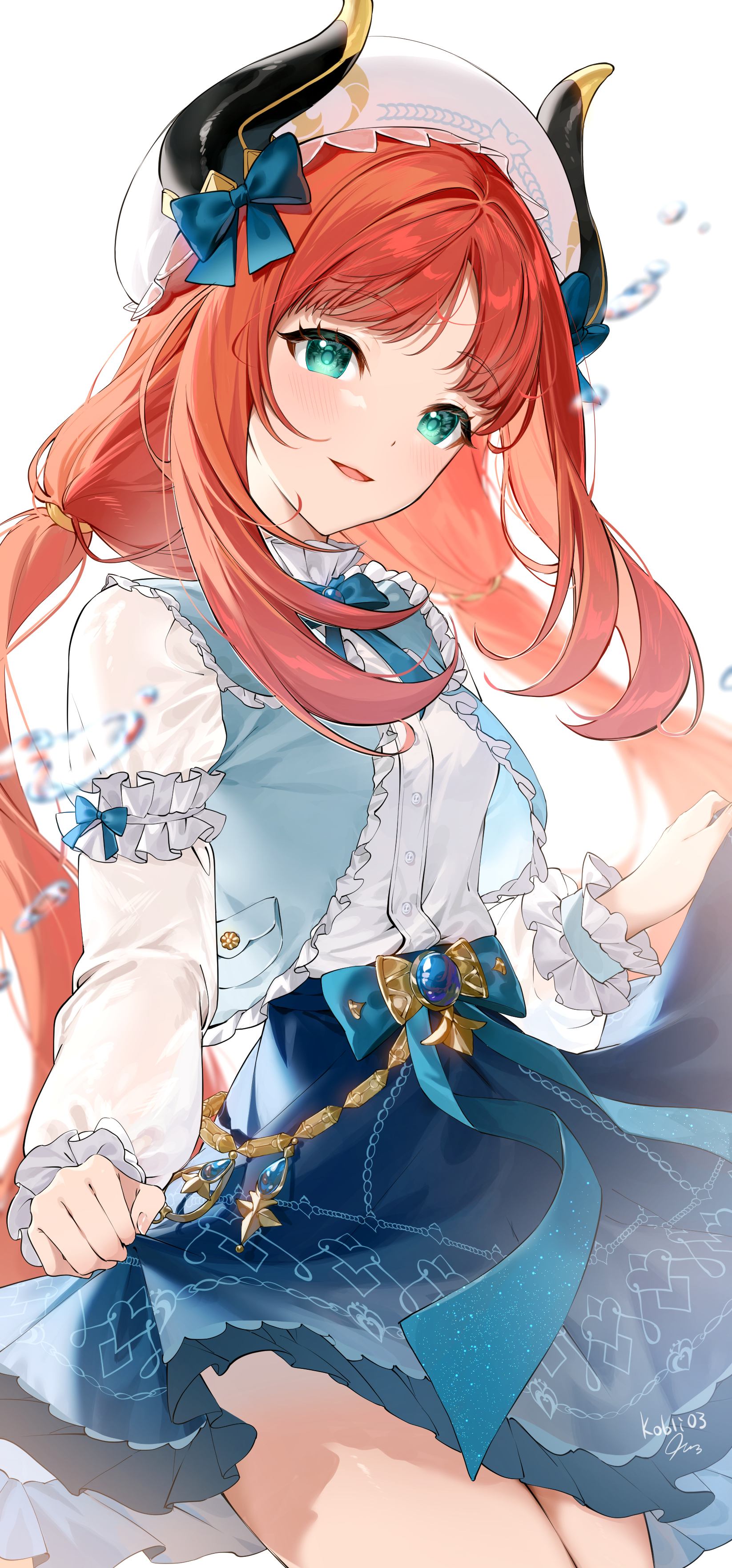 Anime 1646x3528 anime anime girls Nilou (Genshin Impact) Genshin Impact long hair redhead blue eyes portrait display dress bow tie looking at viewer horns water drops signature minimalism simple background hat white background