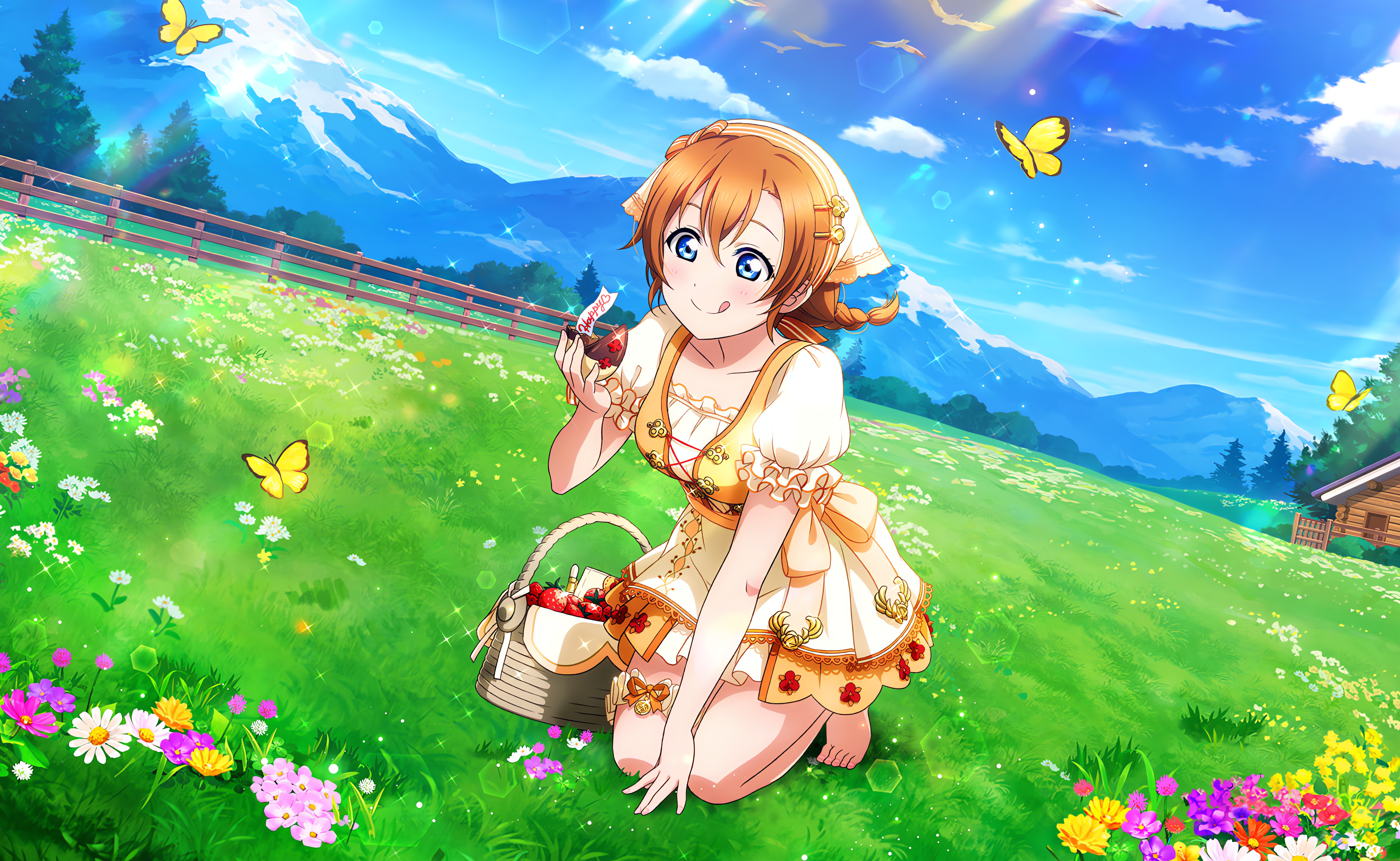 Anime 4096x2520 Kousaka Honoka Love Live! anime anime girls smiling tongue out grass flowers sunlight sky clouds mountains snow strawberries fruit butterfly insect trees dress leaves