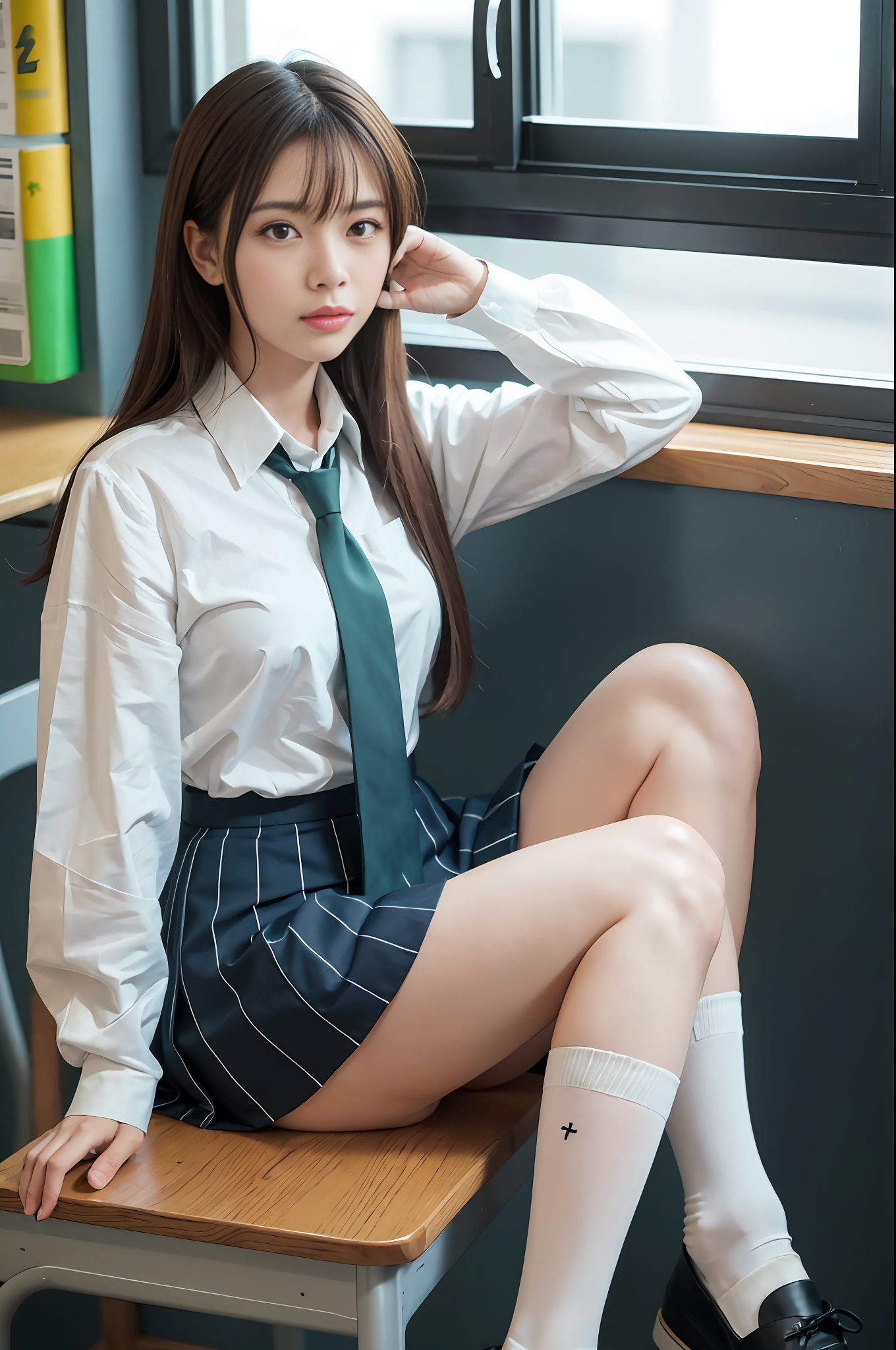 General 1360x2048 AI art Asian women schoolgirl school uniform sitting portrait display tie looking at viewer window desk skirt socks shoes long hair digital art