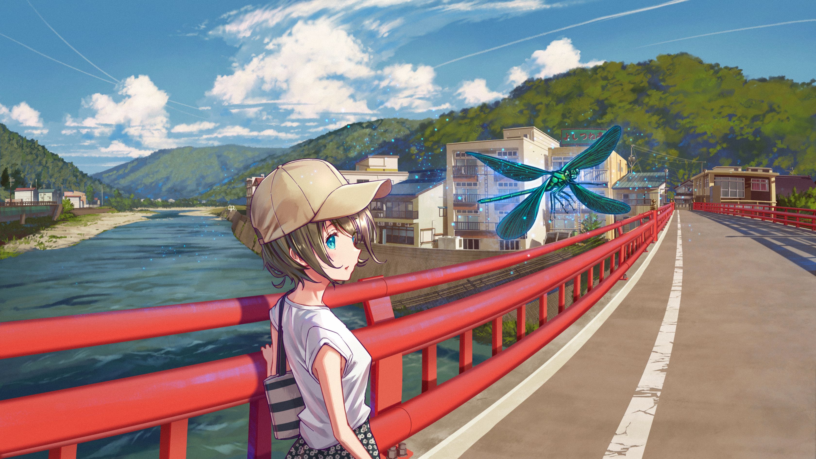 Anime 3360x1890 anime girls bridge dragonflies blue eyes standing hat short hair mountains looking at viewer water sky clouds insect building