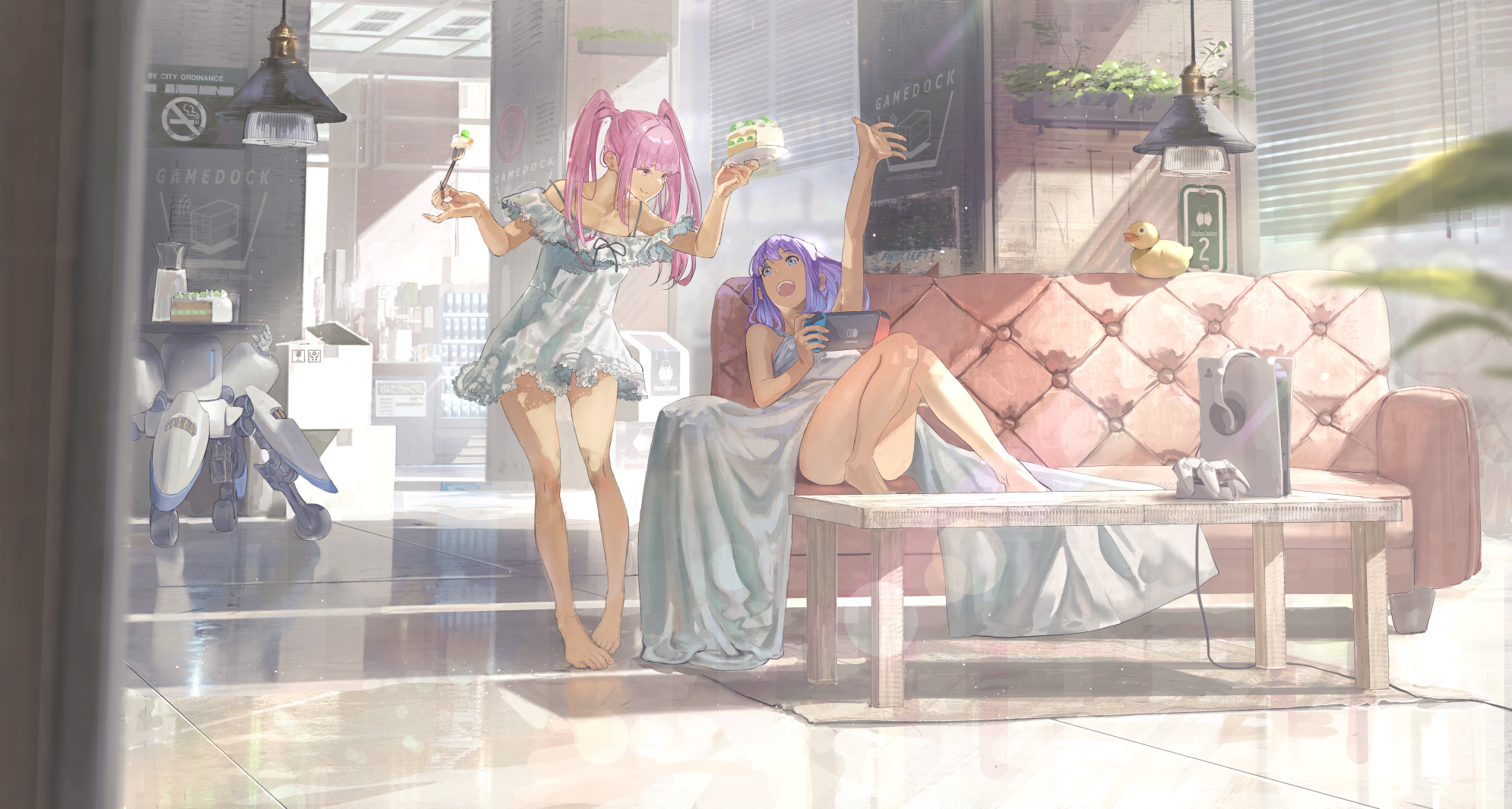 Anime 1990x1066 anime anime girls standing couch feet dress twintails long hair smiling cake fork plates sunlight blinds window rubber ducks leaves Nintendo Switch consoles Playstation 5 controllers