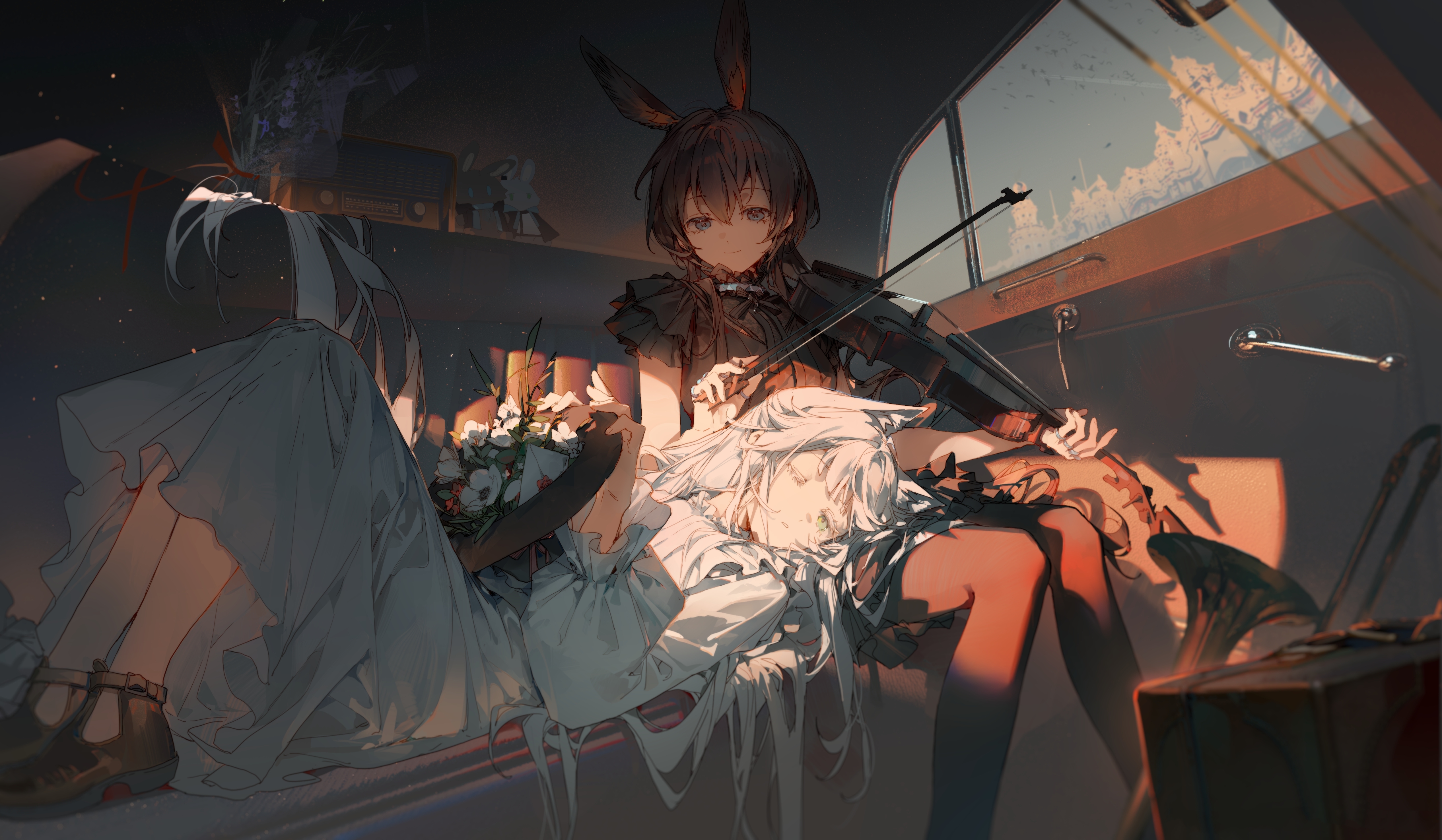 Anime 5068x2953 anime anime girls sitting violin musical instrument one eye closed long hair dress sunlight hat flowers letter lying on back lying down trumpet bunny ears bunny tail Arknights Amiya (Arknights) Rosmontis (Arknights)