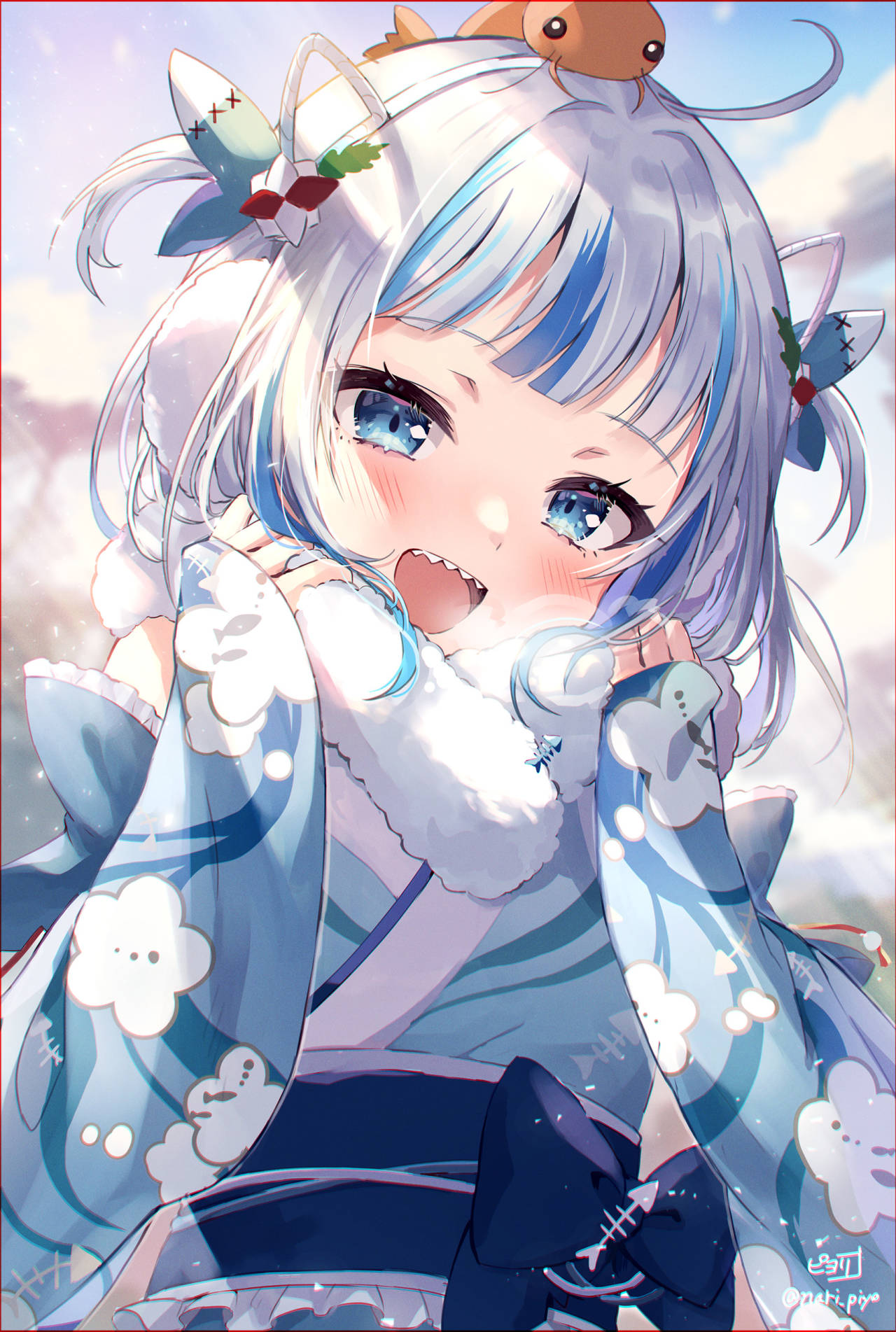 Anime 1280x1903 anime girls Hololive Gawr Gura two tone hair Virtual Youtuber short hair kimono watermarked looking at viewer clouds sky open mouth pointy teeth