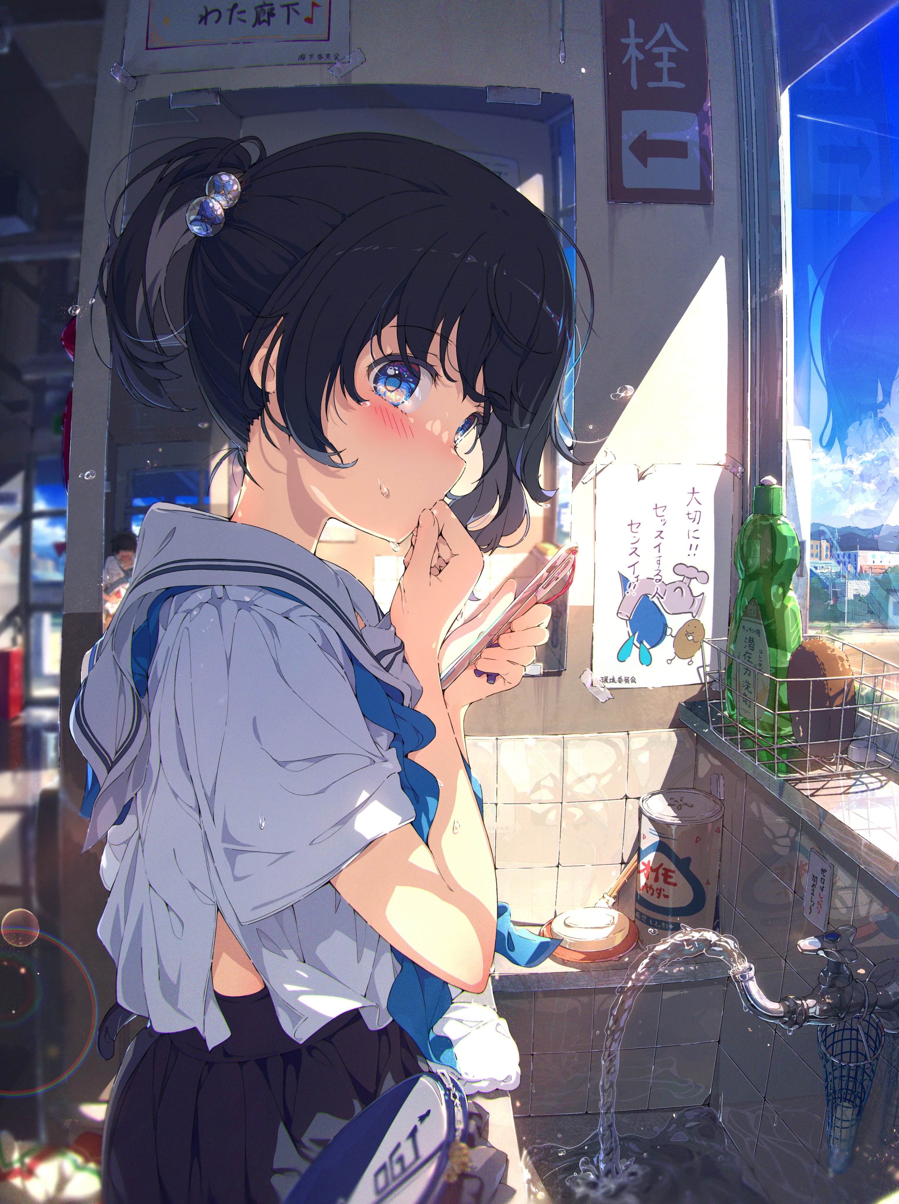 Anime 3059x4096 anime anime girls Ogipote portrait display schoolgirl school uniform blushing water looking at viewer phone sweatdrop Japanese suggestive sunlight faucets standing reflection window short sleeves skirt
