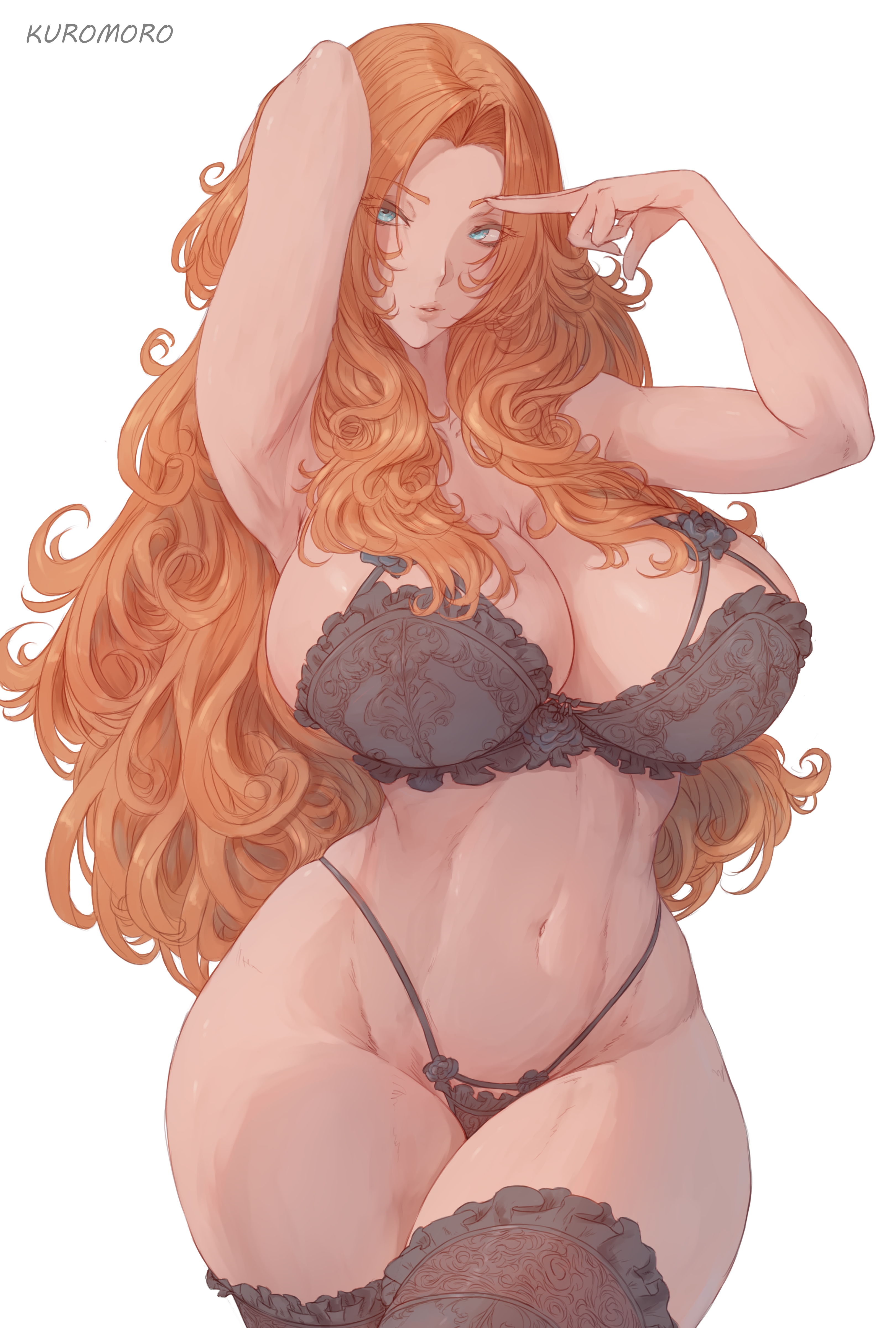 Anime 3240x4800 Matsumoto Rangiku boobs anime girls anime black underwear thick body underwear looking at viewer thighs thick thigh huge breasts cleavage lace lingerie black stockings stockings simple background bra white background belly minimalism shinigami kuromoro black panties black bras long hair redhead blue eyes belly button curvy signature