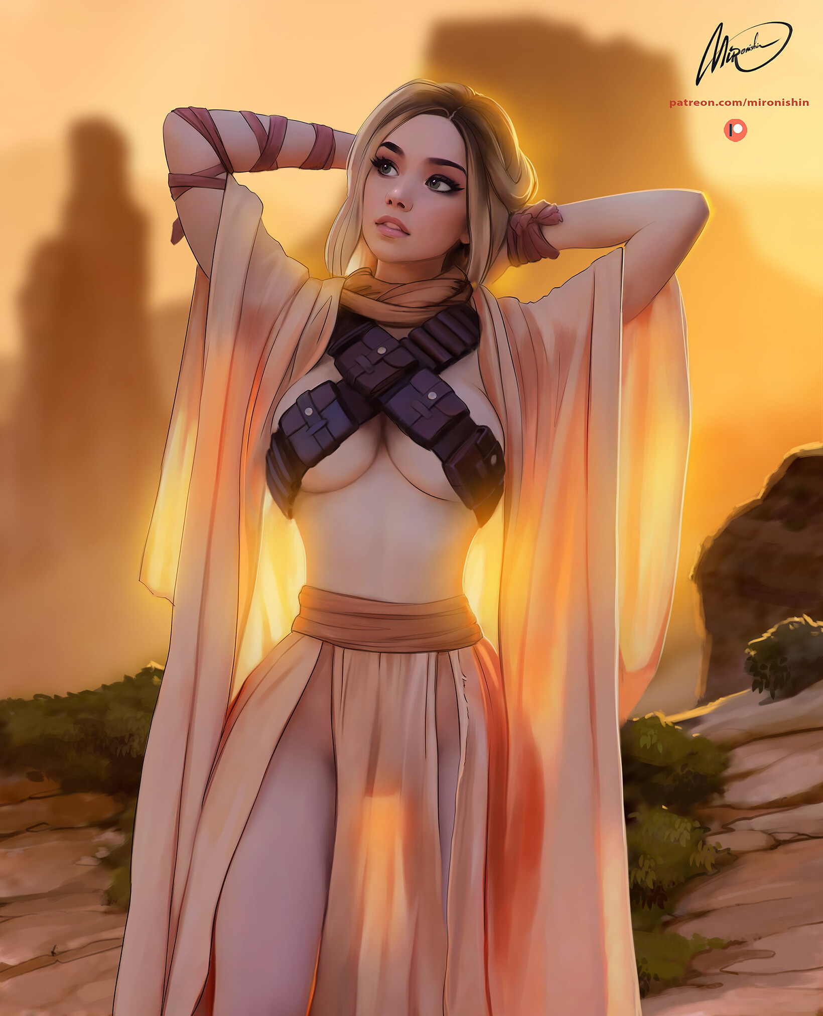 General 1640x2023 Mironishin Story drawing women blonde Star Wars outdoors big boobs thighs signature watermarked looking away two tone hair gradient hair standing portrait display sunlight sunset sunset glow Tusken Raider