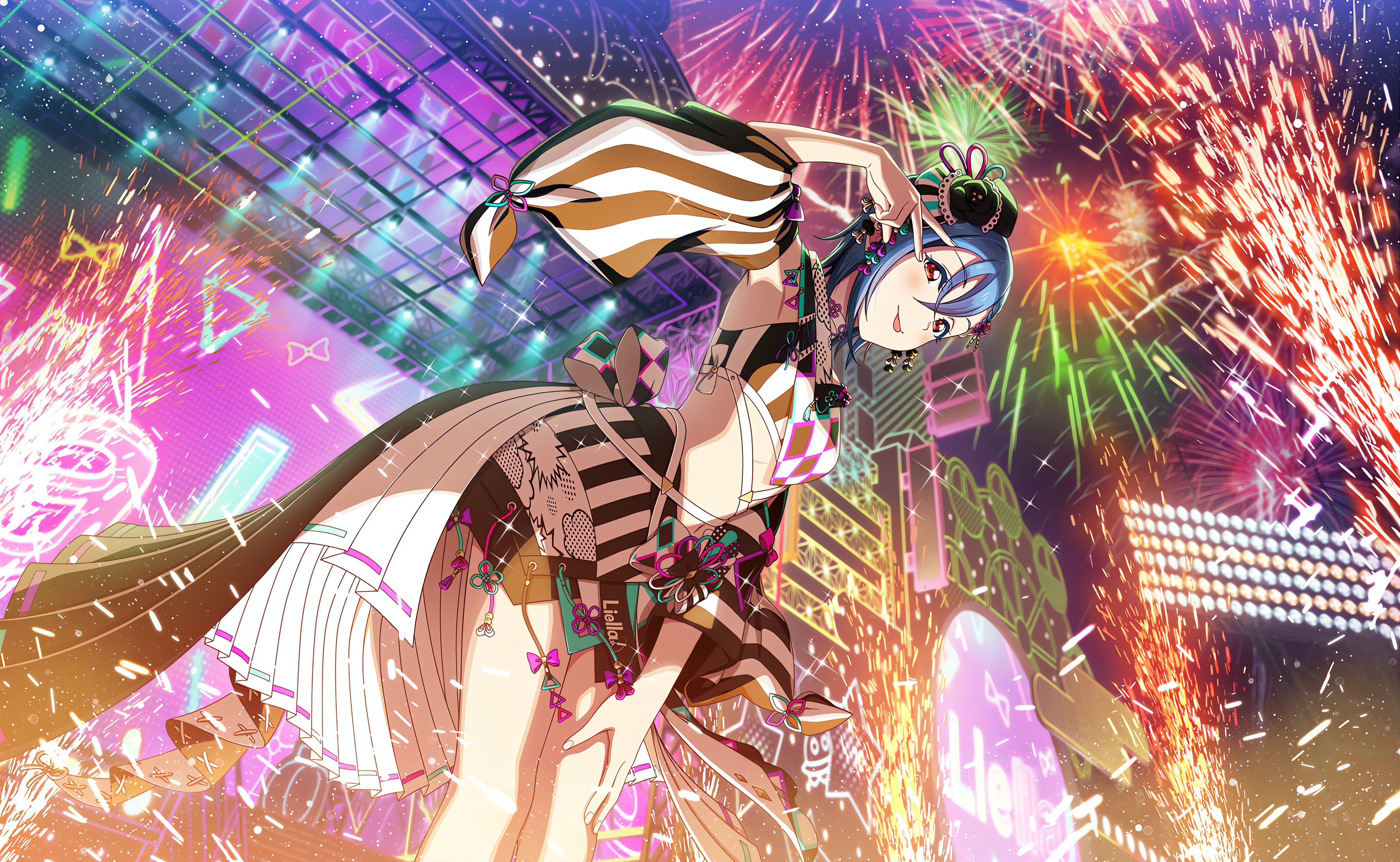 Anime 4096x2520 Love Live! Love Live! Super Star!! anime anime girls tongue out smiling fireworks kimono looking at viewer peace sign lights stages stage light blushing stars Wakana Shiki