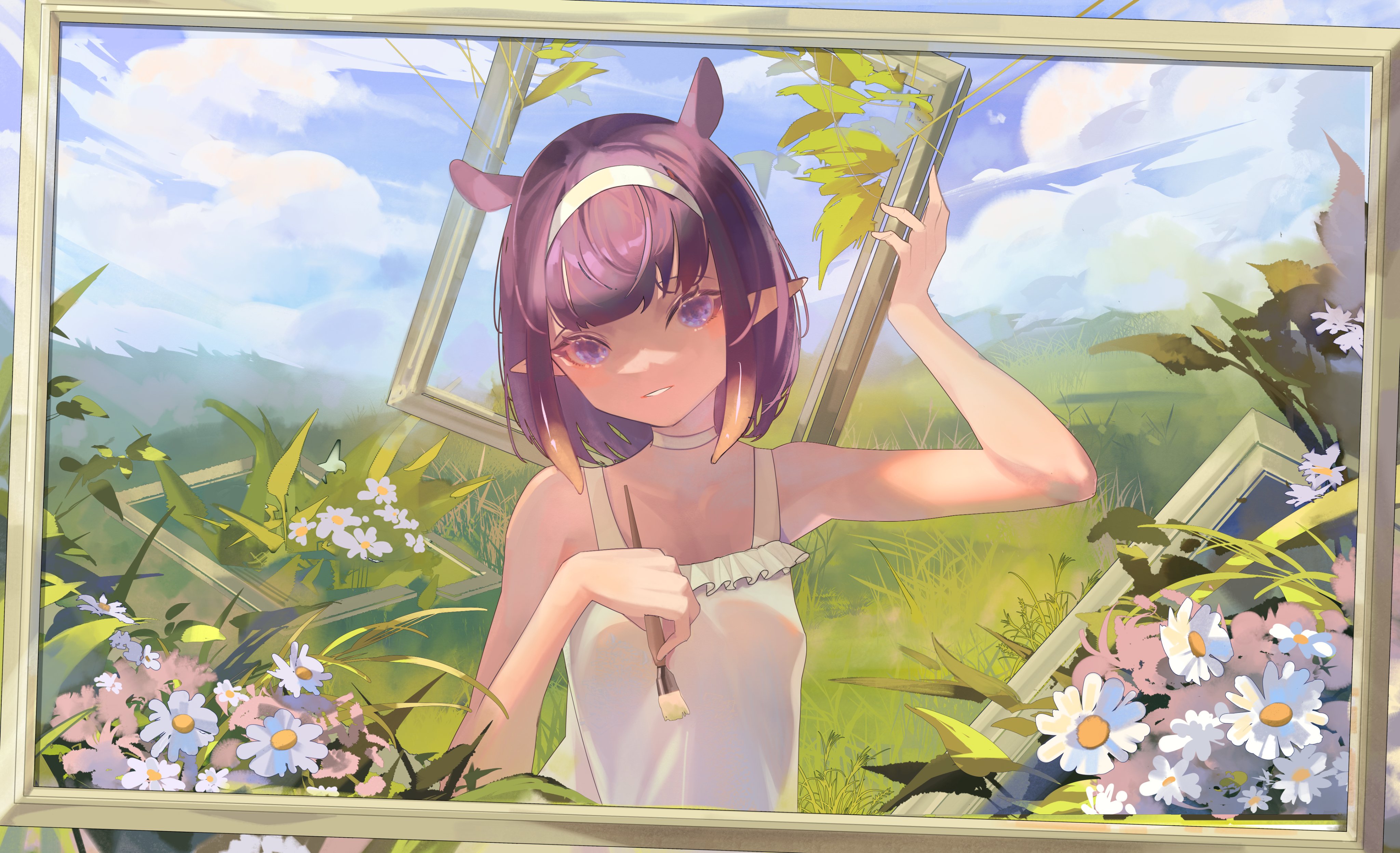 Anime 4096x2495 Virtual Youtuber Hololive Hololive English Ninomae Ina'nis brush frame anime girls two tone hair gradient hair pointy ears clouds sky looking at viewer flowers paint brushes picture frames grass leaves choker fan art short hair
