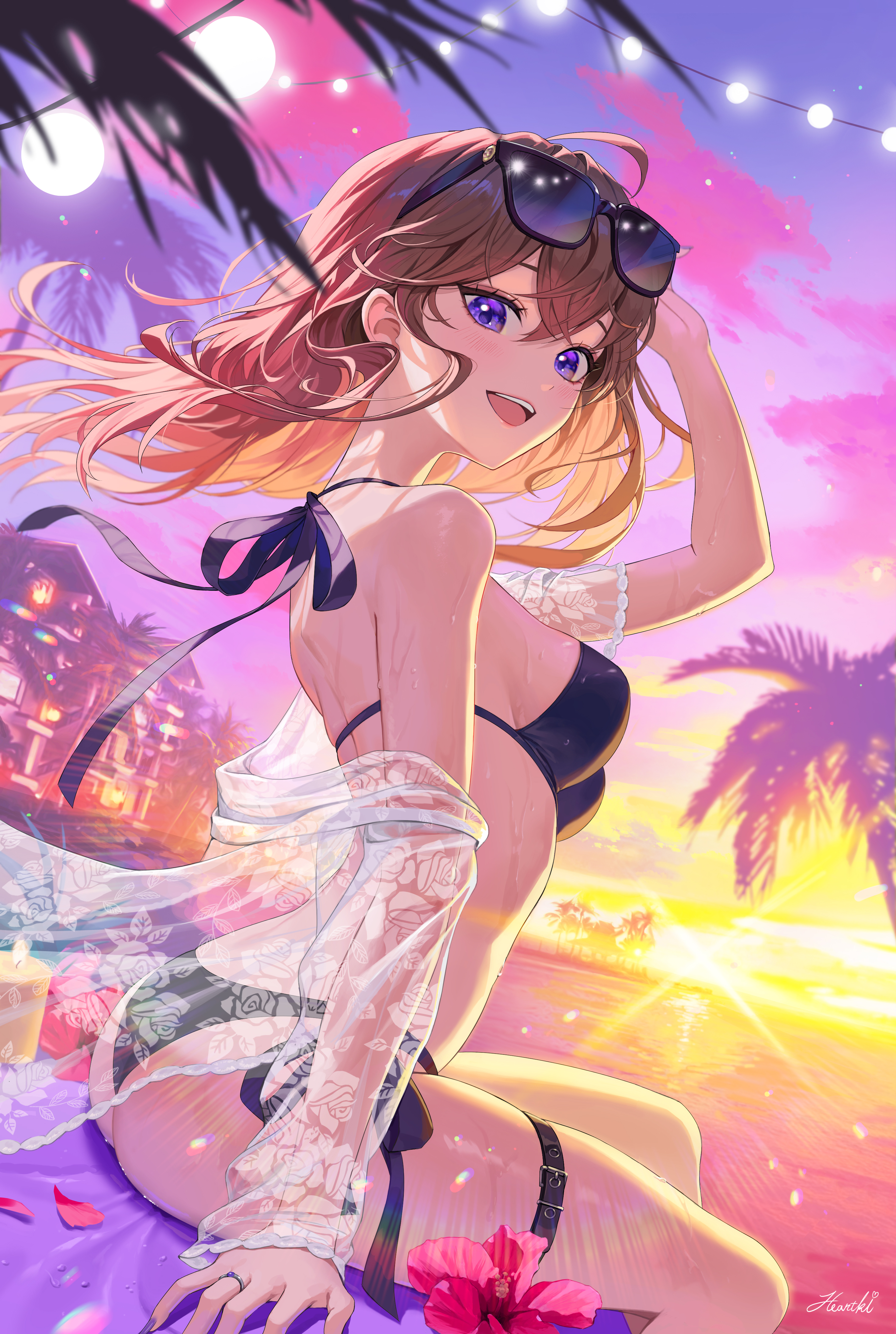 Anime 2946x4387 anime girls portrait display sunset sunset glow swimwear black bikinis looking sideways flowers hibiscus looking at viewer palm trees wet swimsuit sky see-through clothing smiling purple eyes signature lens flare hair blowing in the wind wet body windy brunette lights candles sunglasses ahoge Heartki clouds outdoors women outdoors seashore thigh strap pink flowers petals house thighs sideboob wet Sun ass boobs