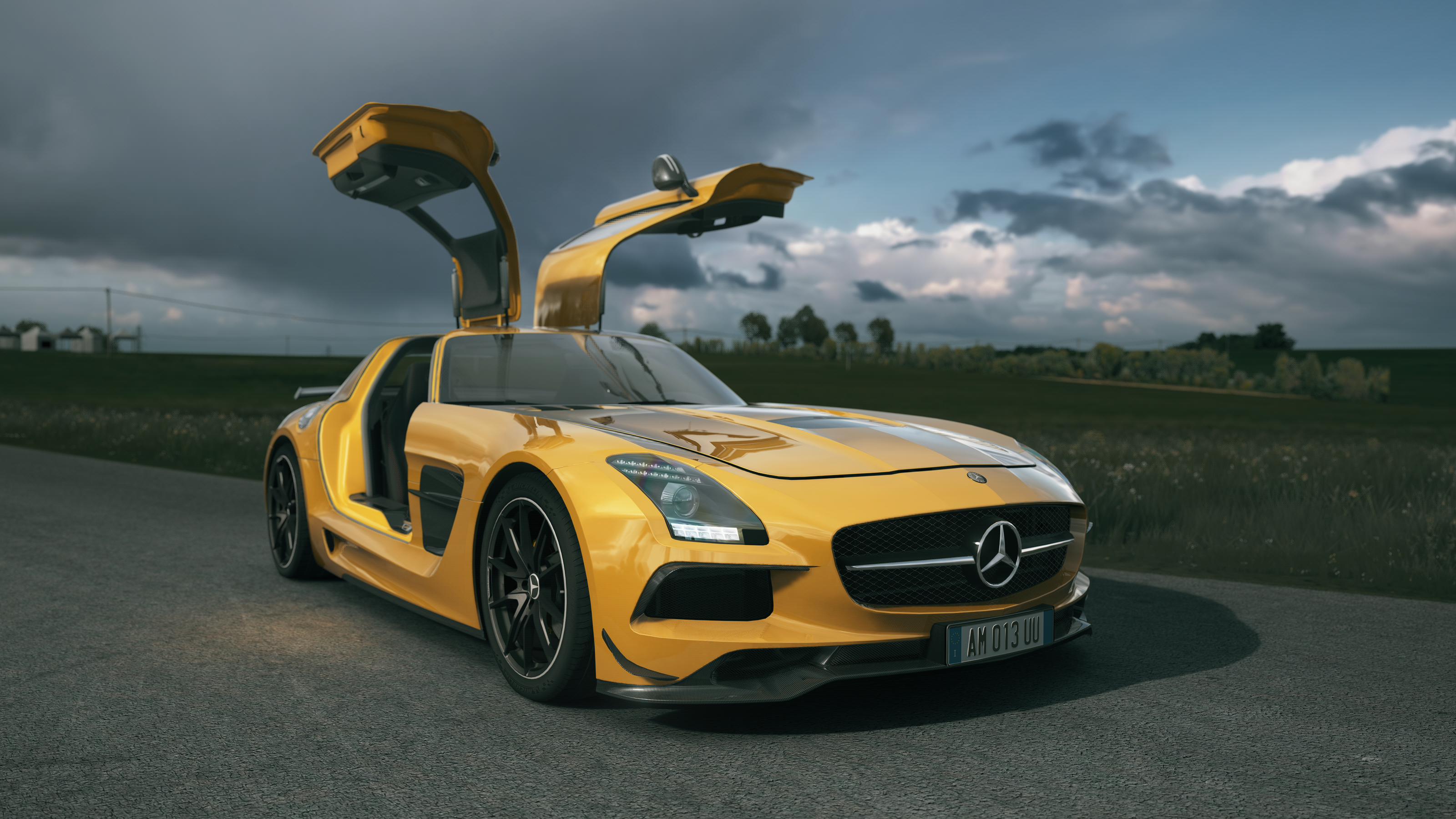 General 3200x1800 Assetto Corsa Assetto Corsa Competizione Mercedes-Benz Mercedes-Benz SLS AMG video game art car clouds PC gaming gull wing doors car spoiler yellow carbon fiber  licence plates vehicle CGI video games sky frontal view
