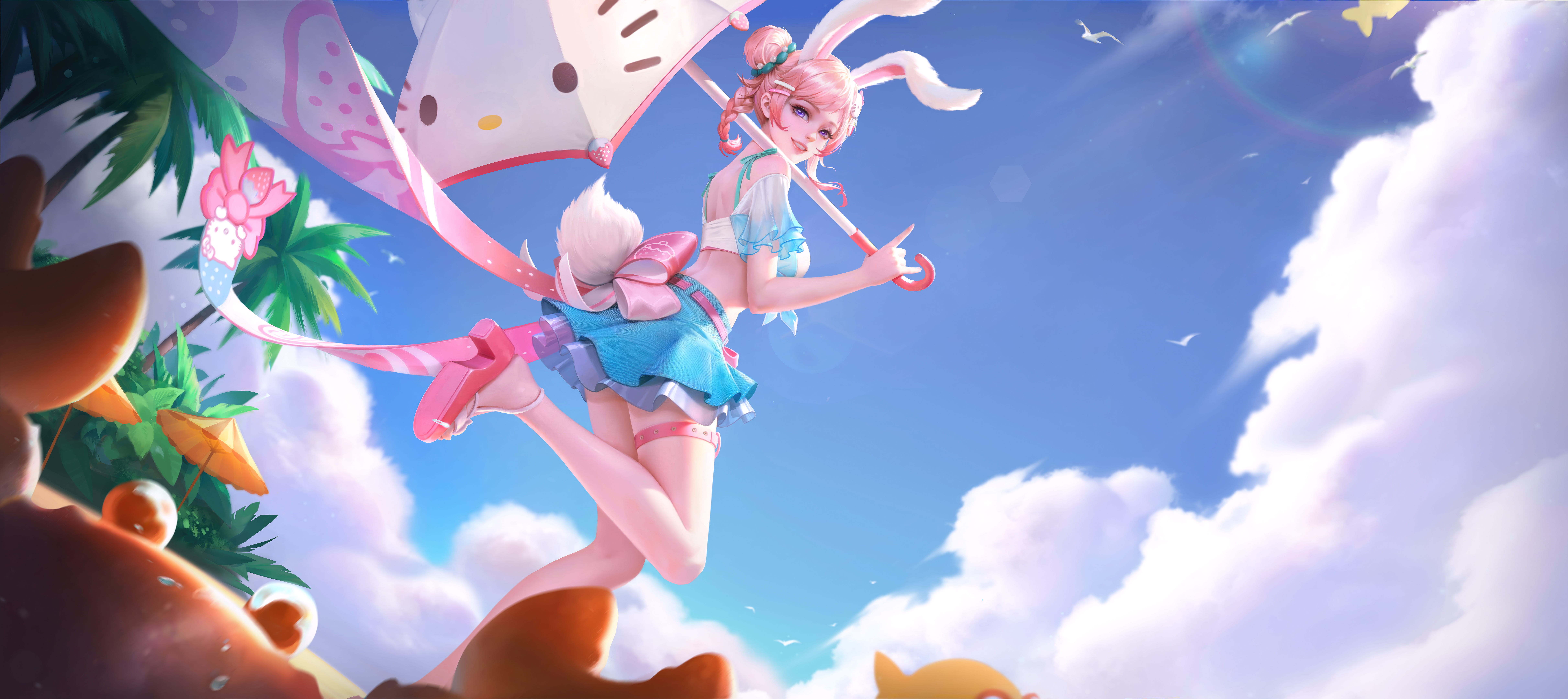General 9688x4320 Hello Kitty Honor of Kings summer skirt swimwear umbrella legs sky tree trunk heels video game art video game characters clouds video games looking at viewer bunny ears bunny girl bunny tail palm trees smiling pink hair purple eyes braids