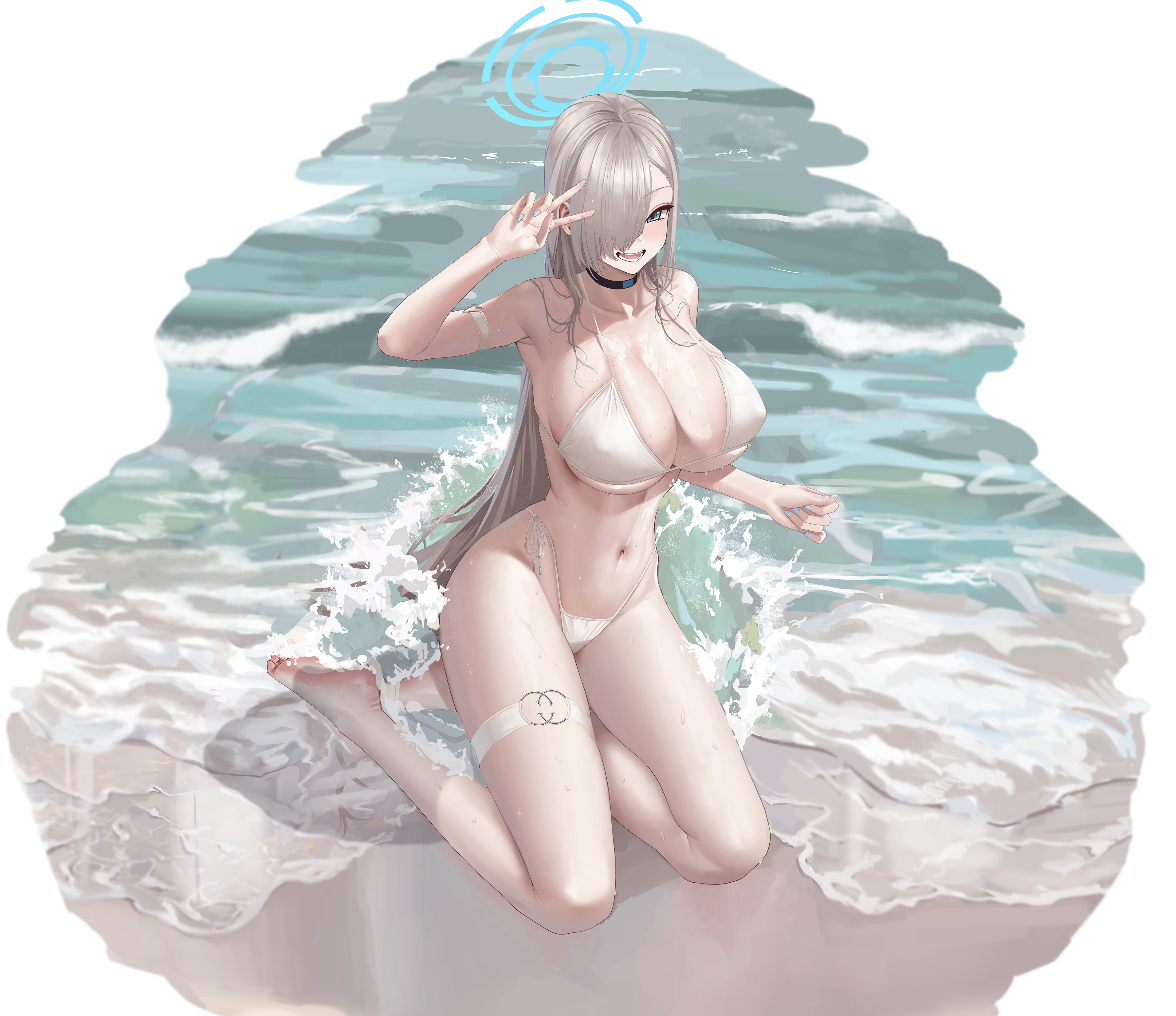 Anime 3828x3306 Blue Archive swimwear Asuna Ichinose water anime girls white bikini bikini looking at viewer kneeling thigh strap huge breasts cleavage wet body string bikini nipple bulge foot sole peace sign blue eyes hand gesture choker minimalism gray hair harebunny blue nails belly button long hair barefoot white swimsuit hair over one eye waves simple background belly blonde white background smiling thighs wet