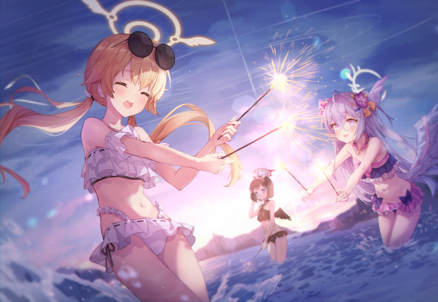 Anime 1516x1046 anime anime girls Blue Archive closed eyes Hifumi (Blue Archive) Azusa (Blue Archive) Mashiro (Blue Archive) water standing in water open mouth clouds sky wings swimwear bikini long hair twintails blushing flower in hair