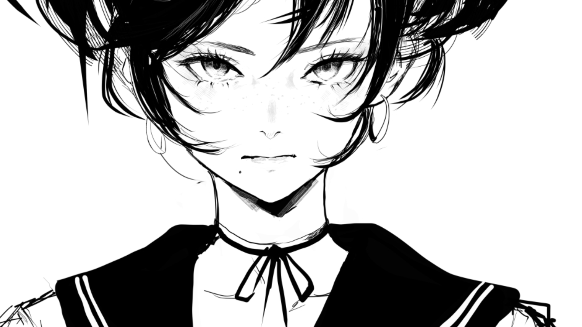 Anime 1920x1080 inoitoh anime looking at viewer moles mole under mouth anime girls monochrome choker minimalism simple background earring hoop earrings