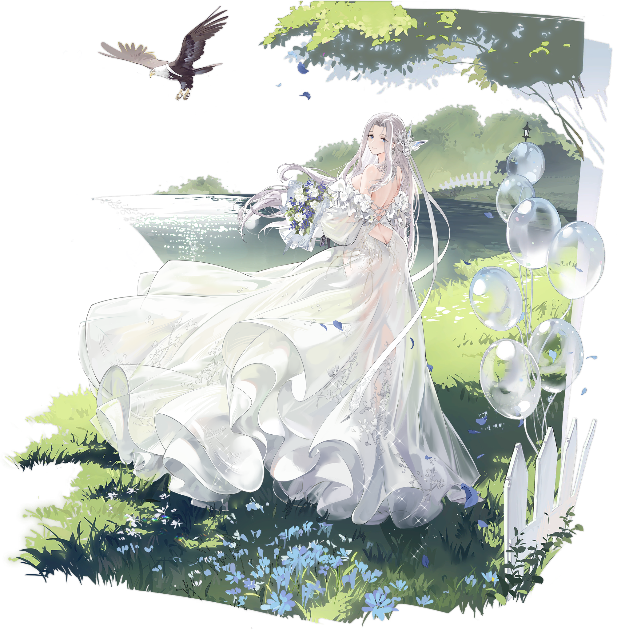 Anime 2006x2048 Azur Lane wedding dress anime girls portrait display dress looking at viewer looking back balloon Yorktown (Azur Lane) grass bare shoulders backless recycllamo blue eyes transparent background sky alternate costume white dress blue flowers see-through dress flowers butt crack huge breasts sideboob hair ornament detached sleeves eagle water women outdoors bouquet long hair smiling wedding attire back trees frills birds fence river