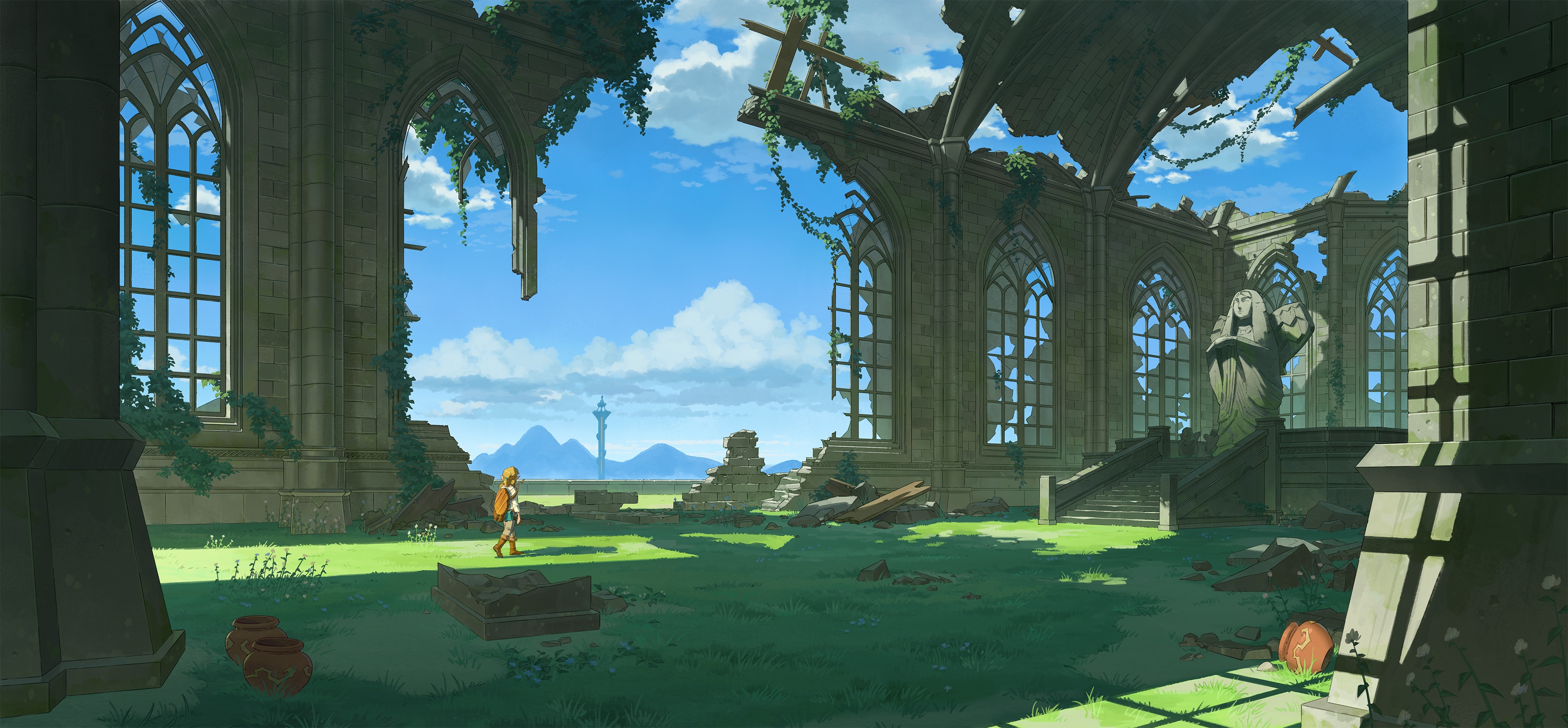General 3600x1673 drawing artwork The Legend of Zelda The Legend of Zelda: Breath of the Wild Link ruins grass video game characters video game art sky video games clouds vases sunlight statue flowers walking