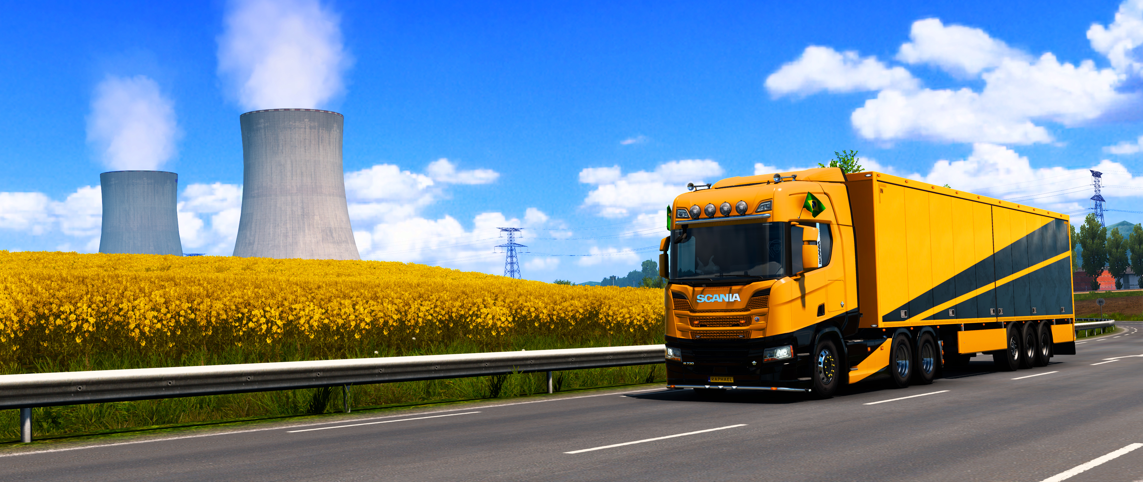 General 3840x1620 Euro Truck Simulator 2 SCS Software Scania DLC Iberia truck VTC FBTC nuclear power plant sunflowers Sunny video games clouds sky frontal view vehicle road Scania R NG