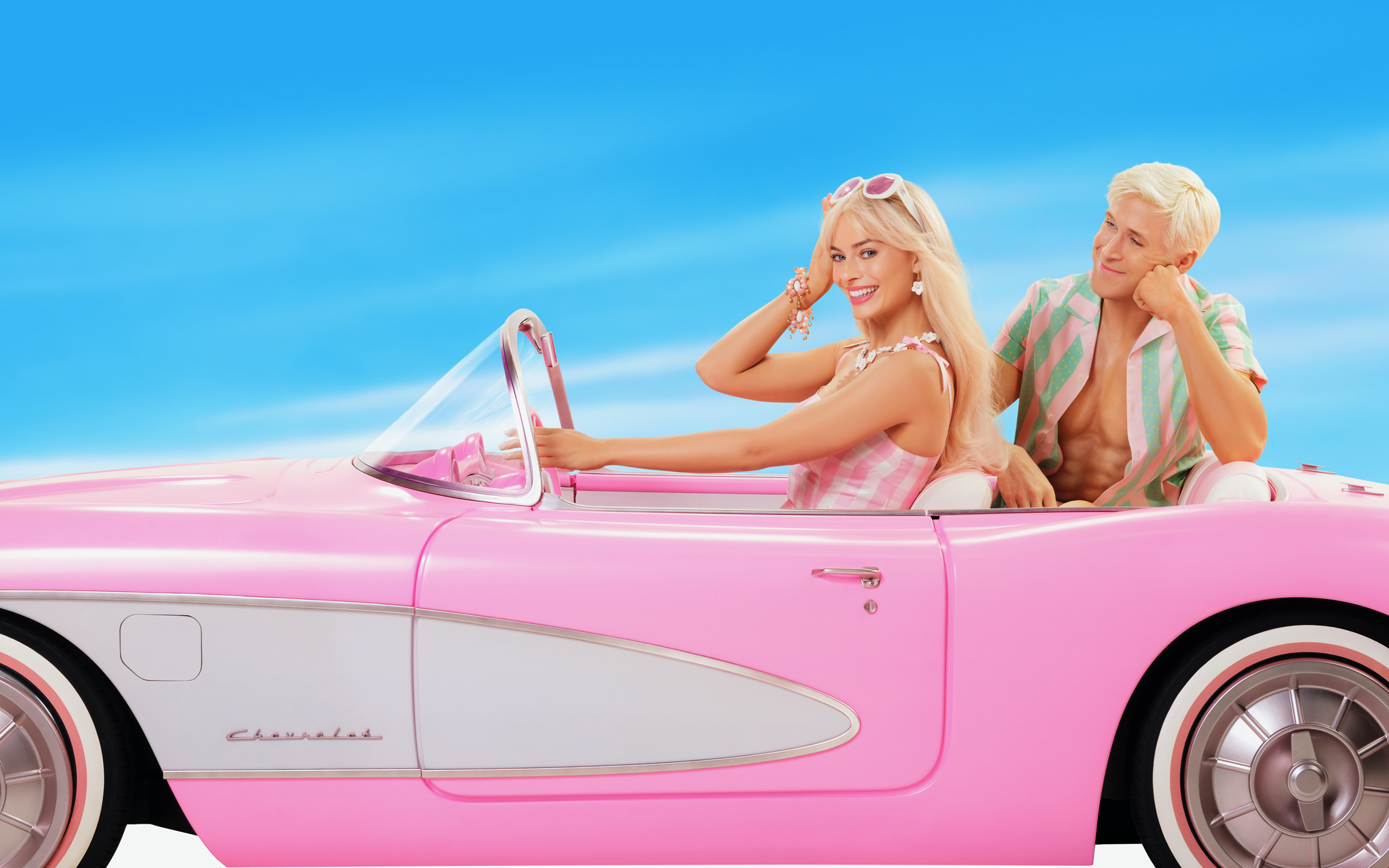 General 2560x1600 Barbie Barbie (2023) Margot Robbie Ryan Gosling movies Ken pink cars blonde Chevrolet sky smiling car vehicle looking at viewer long hair sunglasses earring pink