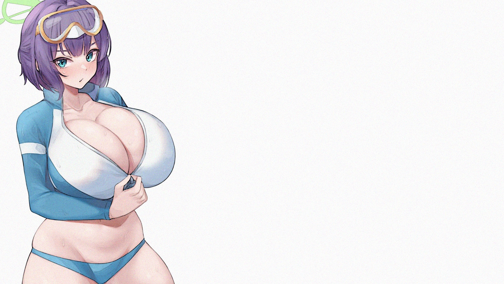 Anime 2035x1145 anime anime girls blushing mature body wide hips thighs ecchi boobs big boobs huge breasts simple background white background minimalism short hair cleavage swimwear looking at viewer sweatdrop