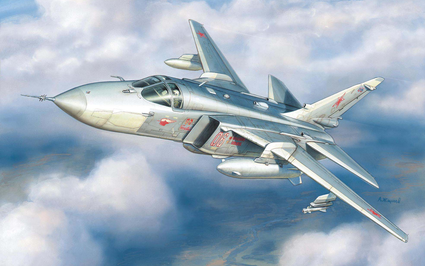 General 1680x1050 aircraft military flying rocket sky military vehicle artwork clouds signature missiles pilot Sukhoi Su-24 Boxart Russian Air Force Andrei Zhirnov