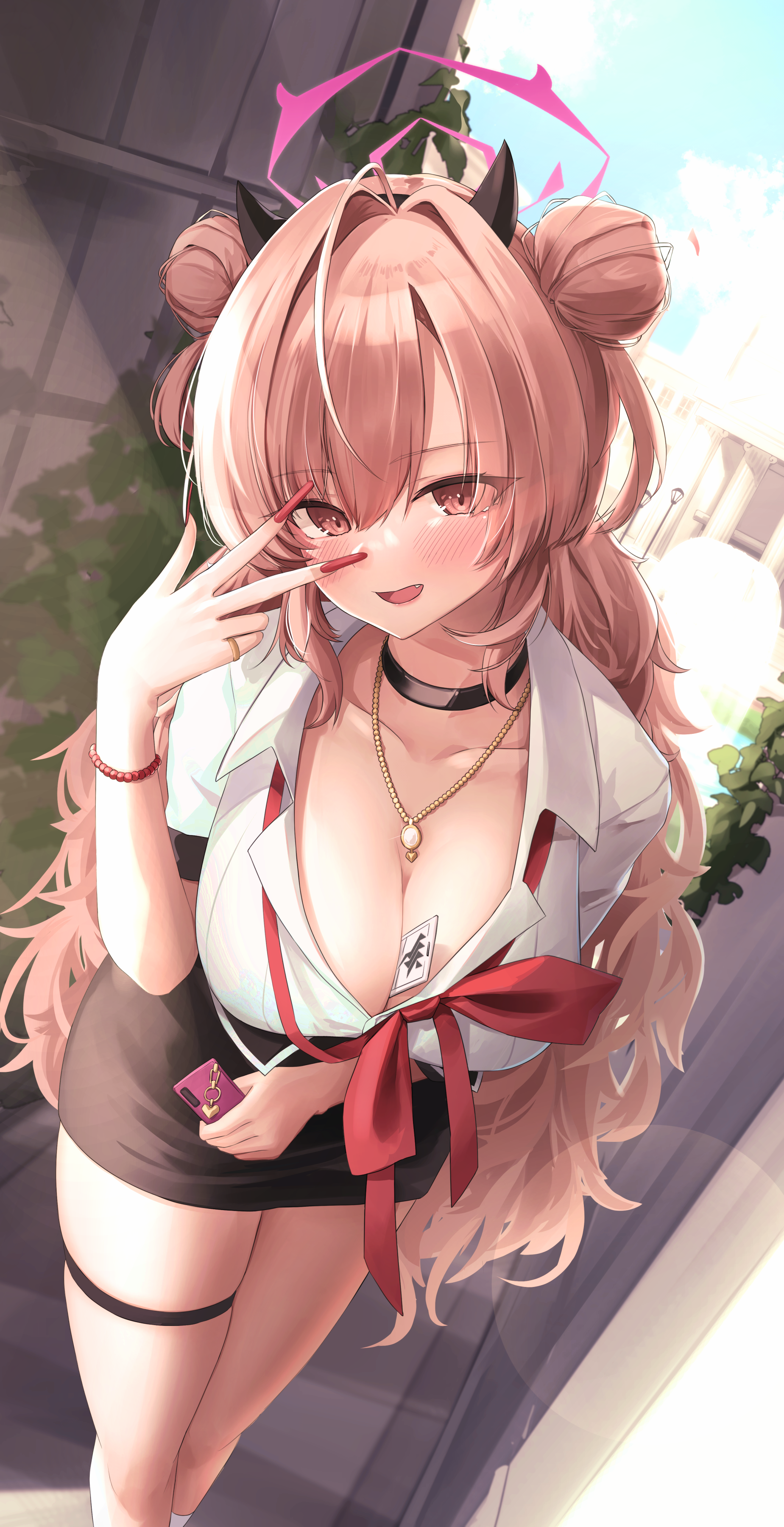 Anime 1849x3600 anime anime girls Pixiv Blue Archive Kirara (Blue Archive) horns portrait display cleavage long hair looking at viewer big boobs standing sunlight necklace choker hairbun blushing open mouth schoolgirl school uniform smiling long nails item between boobs phone bracelets sky clouds