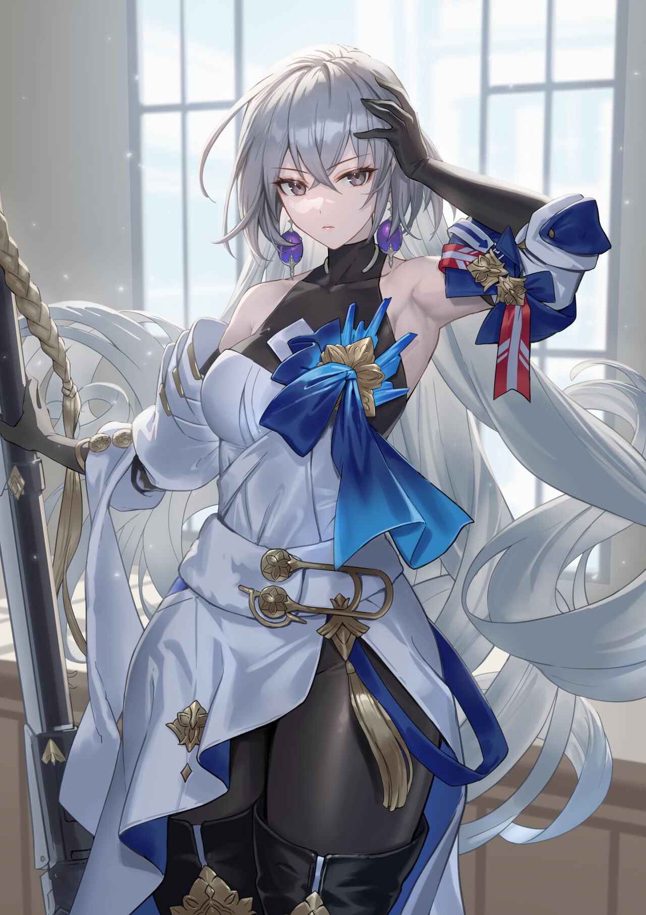 Anime 1280x1813 cuboon video game girls Bronya Rand anime girls portrait display long hair silver hair silver eyes armpits looking at viewer video game characters indoors women indoors weapon window hand(s) on head thighs Honkai: Star Rail earring standing sword