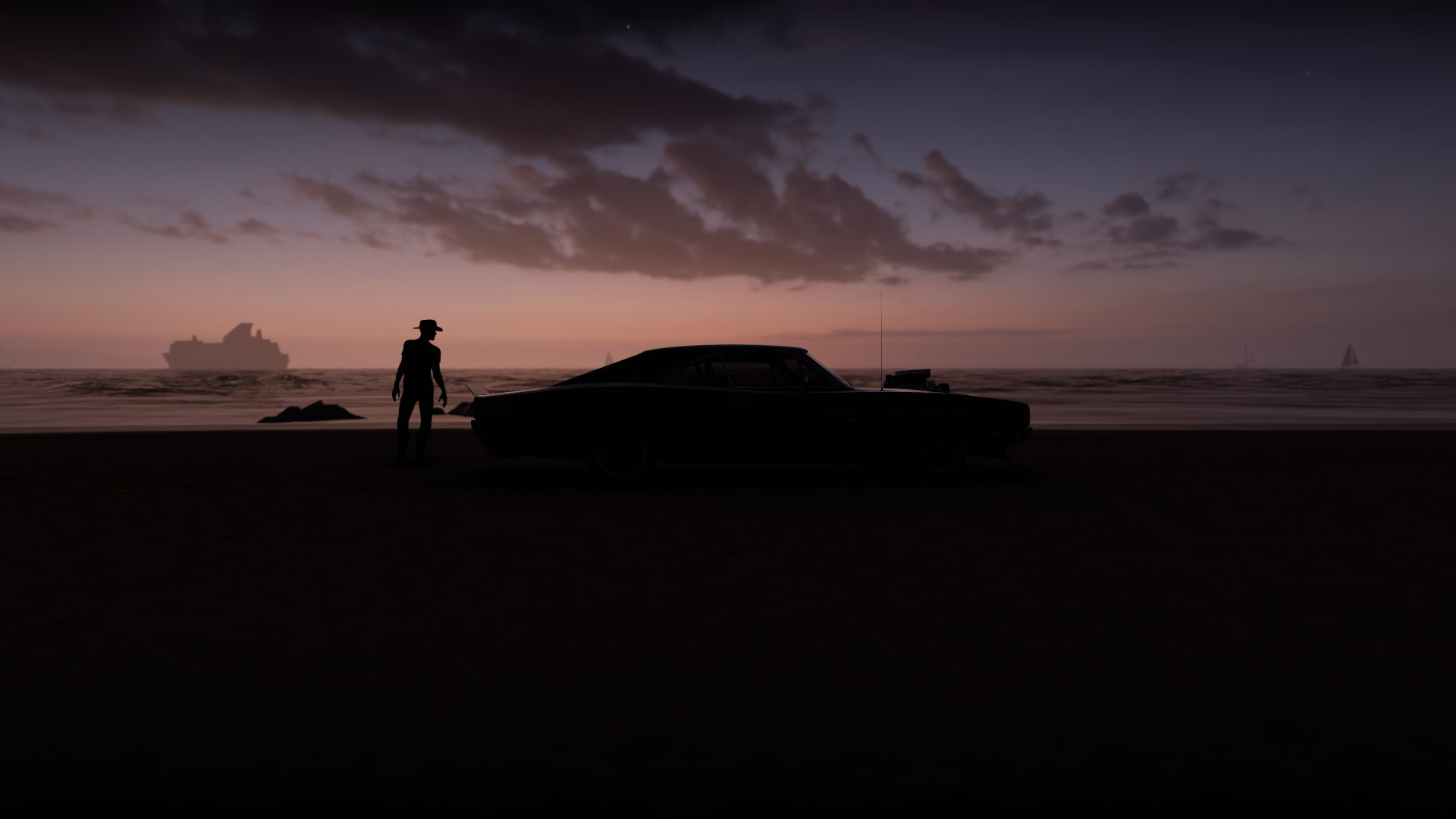 General 1920x1080 Forza Horizon 5 video games beach dark Dodge Charger Dodge American cars PlaygroundGames sky supercharger vehicle sunset sunset glow muscle cars clouds video game art CGI