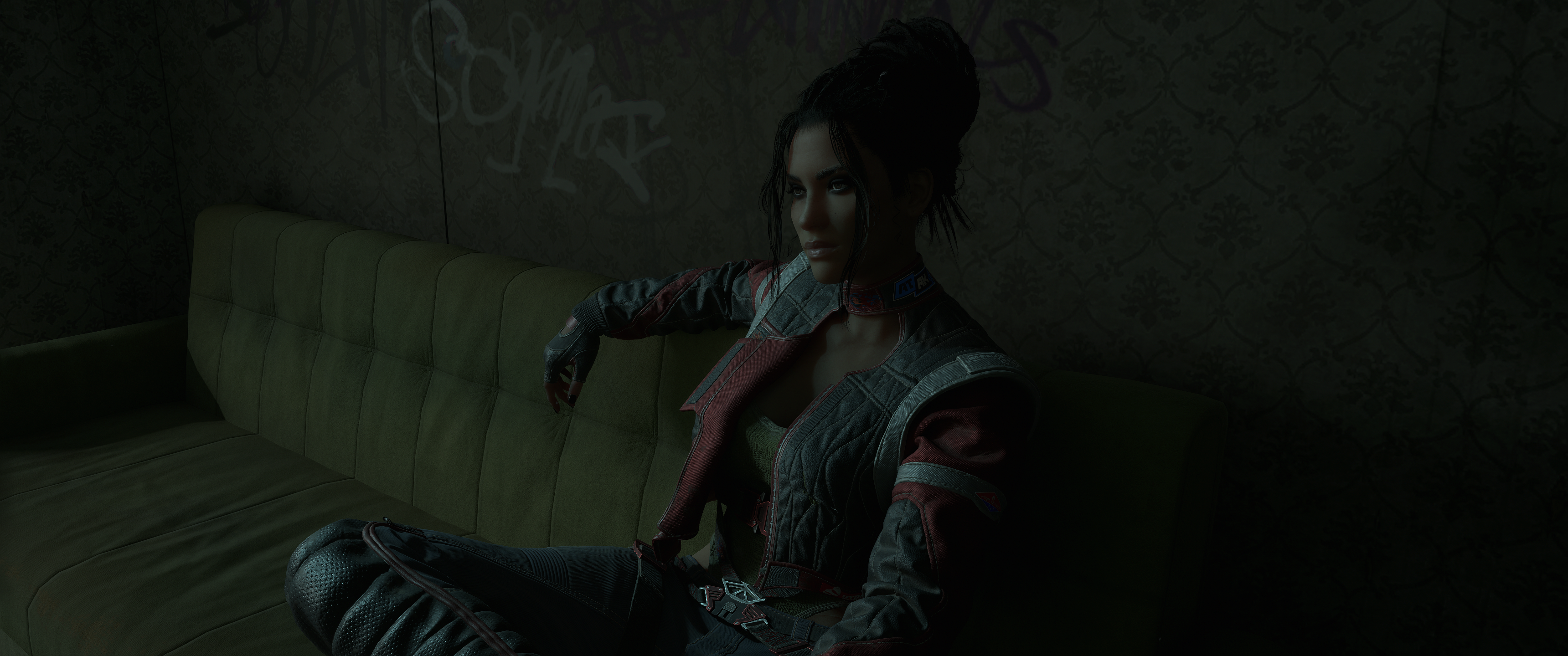 General 3440x1440 video game characters CGI game photography jacket CD Projekt RED screen shot Panam Palmer couch video games short hair Cyberpunk 2077 gloves video game girls indoors women indoors