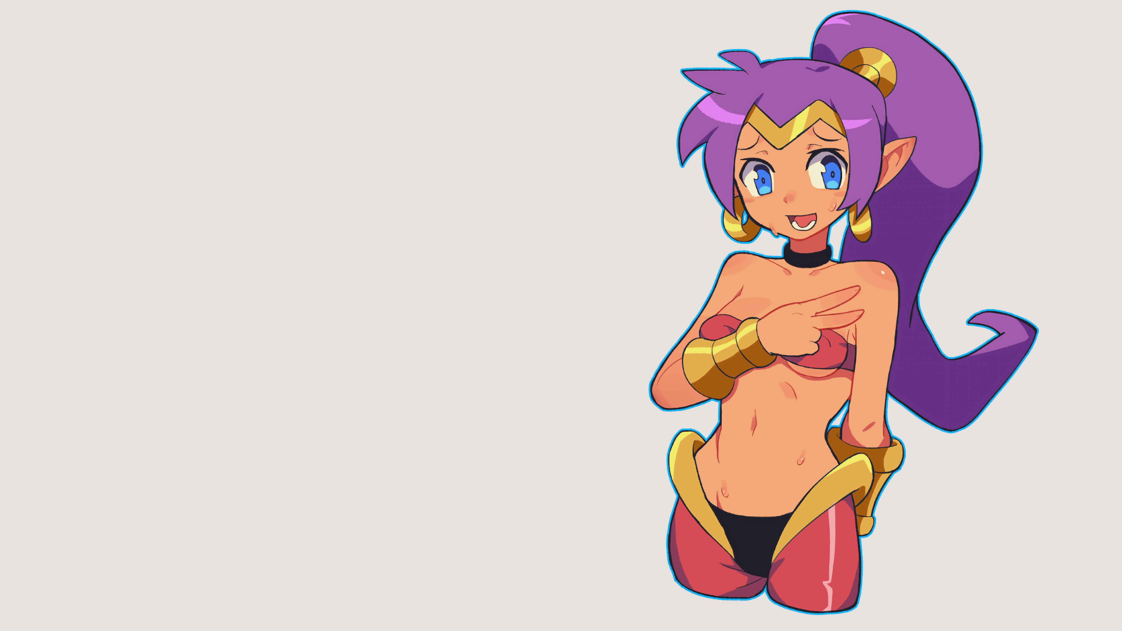 Anime 3840x2160 Shantae belly belly button blue eyes video game girls long hair jewelry tiaras tank top earring purple hair ponytail choker dark skin embarrassed bracelets armlet simple background video games minimalism peace sign pointy ears looking at viewer
