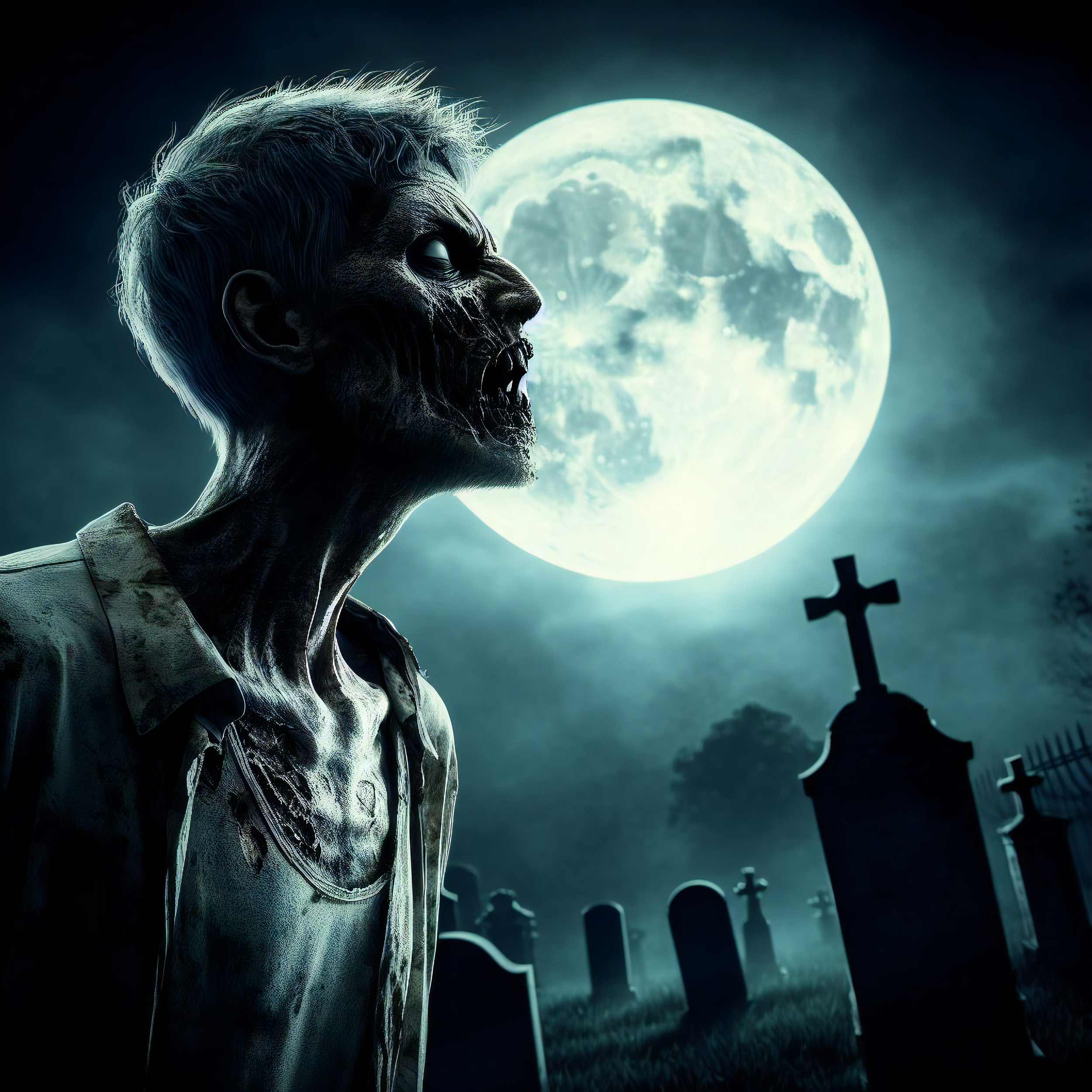General 2500x2500 AI art full moon graveyards digital art night tombstones zombies moonlight Moon sky cross