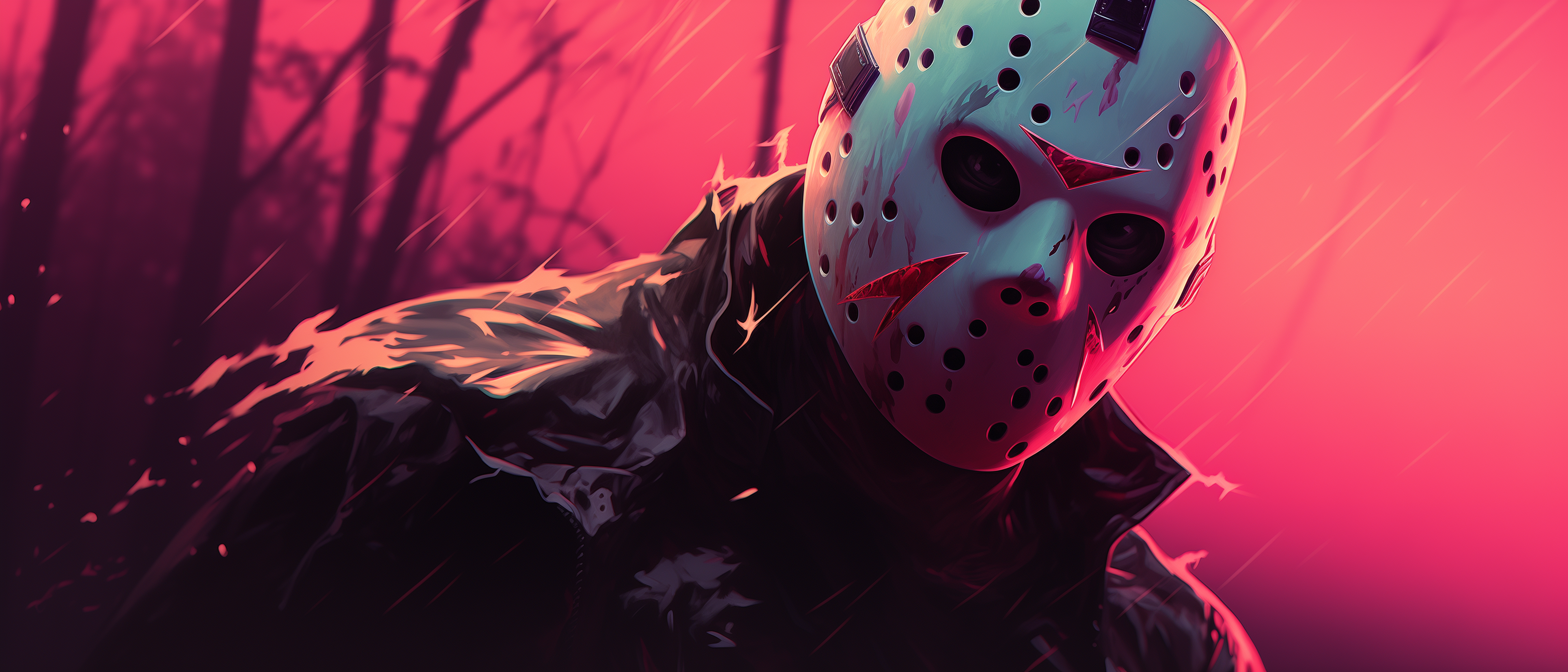 Jason Voorhees mask with red background.