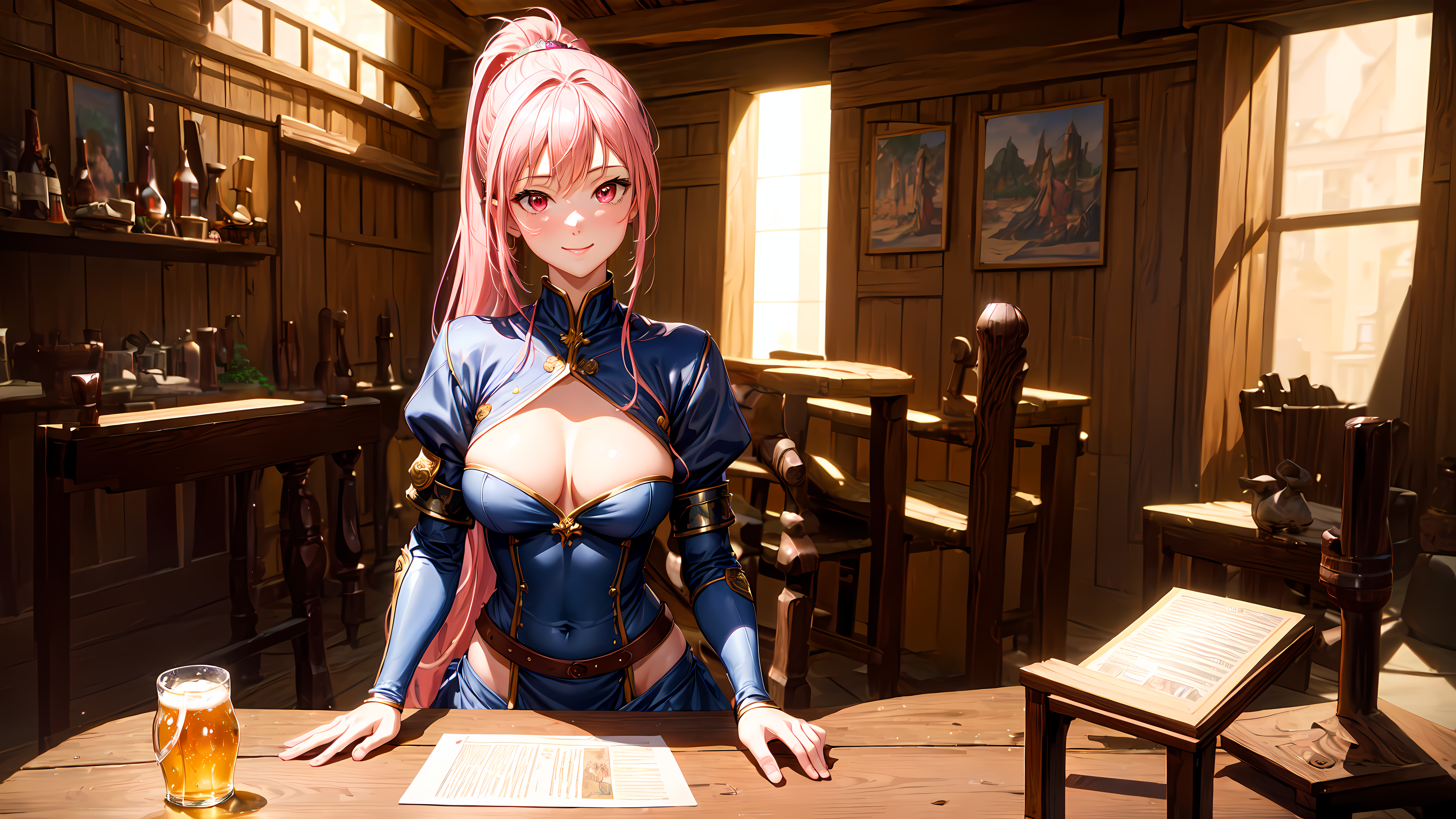 Anime 3840x2160 AI art pink hair tavern medieval beer chair drink digital art sunlight indoors women indoors ponytail long hair pink eyes looking at viewer standing cleavage big boobs cleavage cutout alcohol