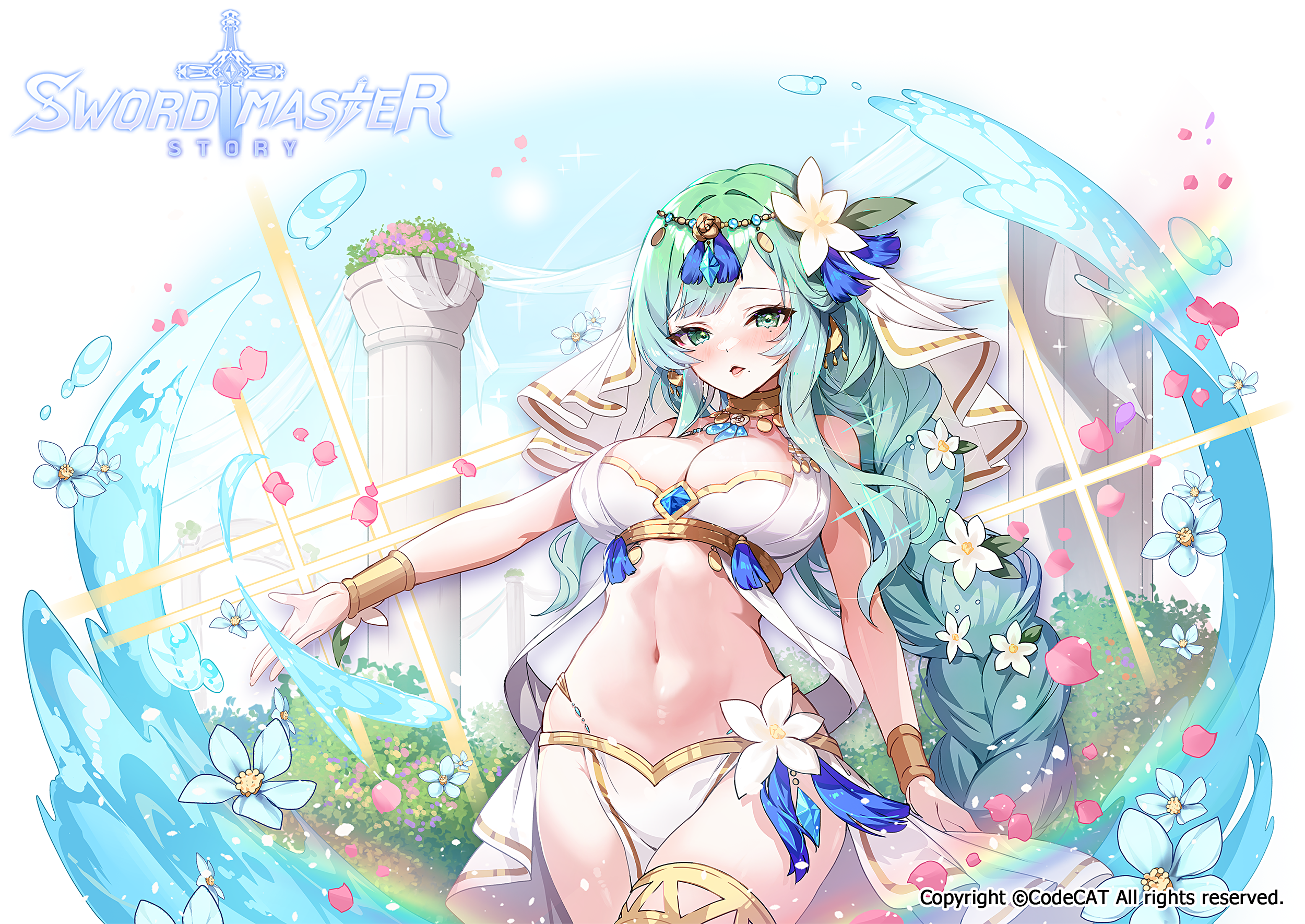 Anime 2500x1770 anime anime girls Sword Master Story water cleavage big boobs belly belly button watermarked long hair braids flower in hair looking at viewer petals flowers blushing moles mole under mouth pillar