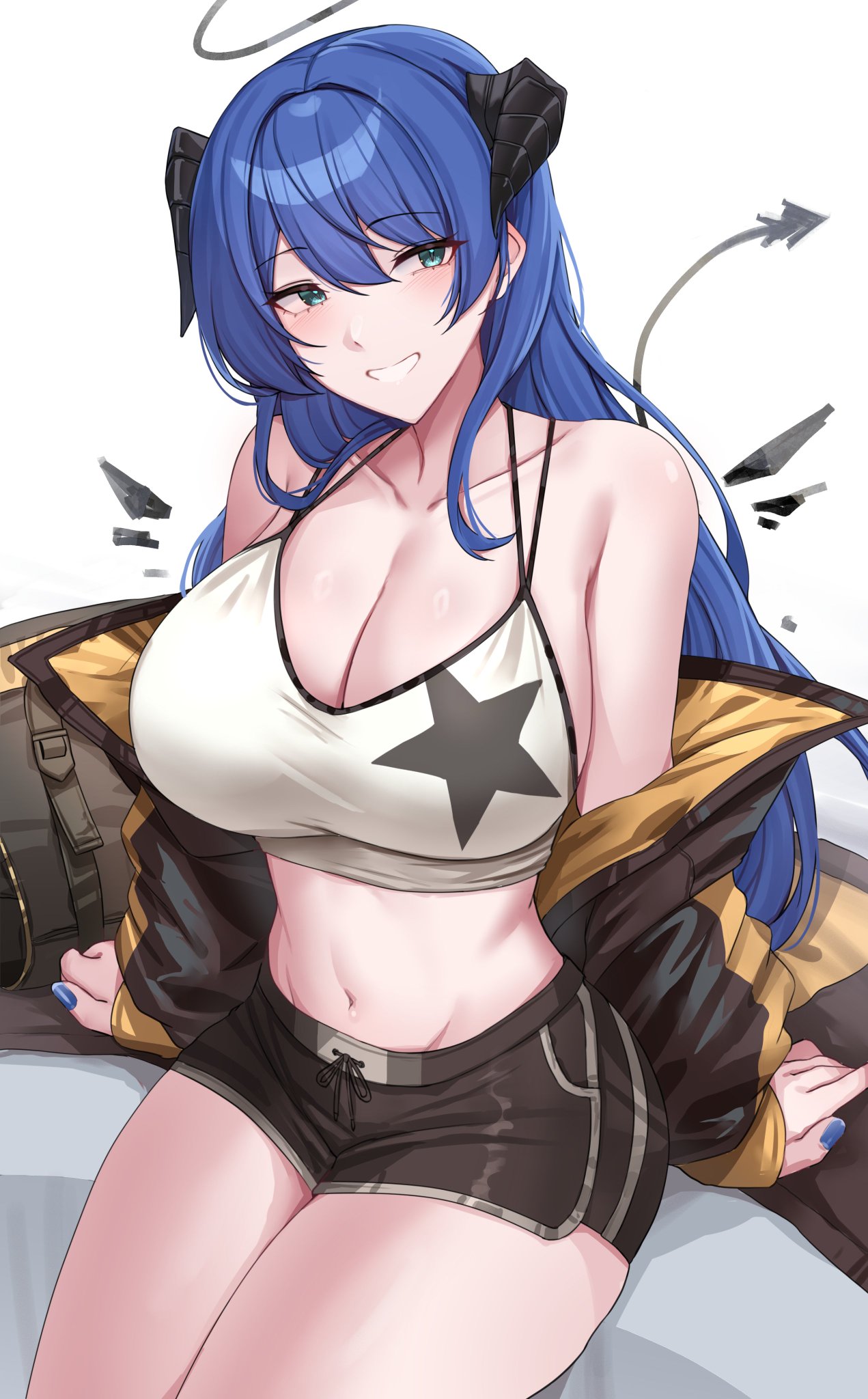 Anime 1271x2048 Mostima (Arknights) blue hair dark angel big boobs video game girls portrait display sitting cleavage looking at viewer blue eyes long hair white background jacket short shorts thighs anime girls horns bare shoulders blushing Arknights blue nails simple background tail smiling halo