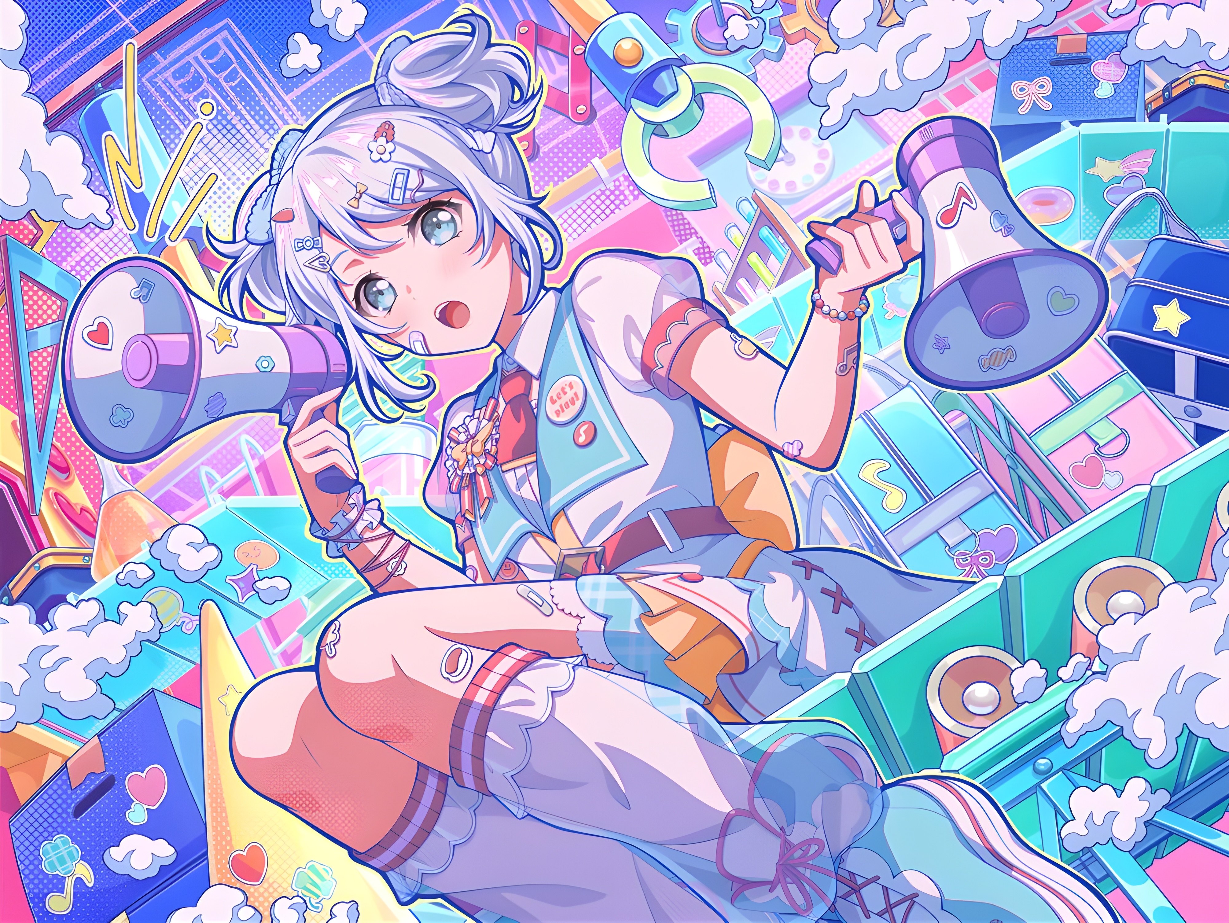 Anime 4000x3004 anime BanG Dream! anime girls Wakamiya Eve open mouth megaphones hairpins sitting bracelets Band-Aid looking at viewer short hair