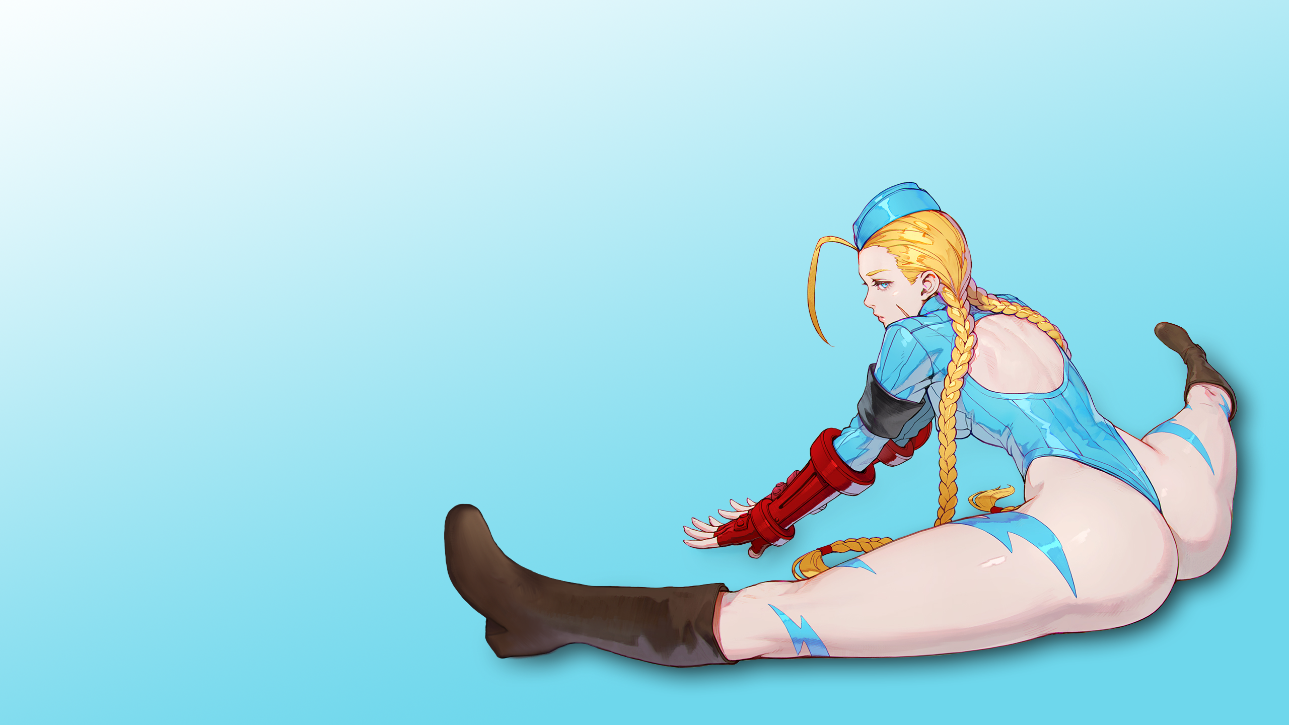 Anime 2560x1440 fighting games bangs blonde hat boots leather boots thighs spread legs gloves red gloves braids ass uniform military uniform Cammy White Capcom long hair Street Fighter video game girls blue eyes simple background splits video games minimalism looking at viewer twintails