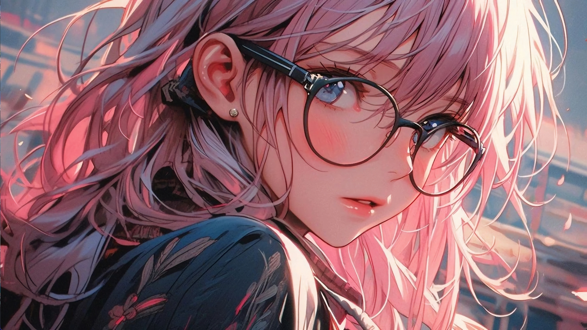 Anime 1920x1080 anime anime girls long hair looking at viewer blurred blurry background sunlight face AI art digital art parted lips blushing looking back earring glasses
