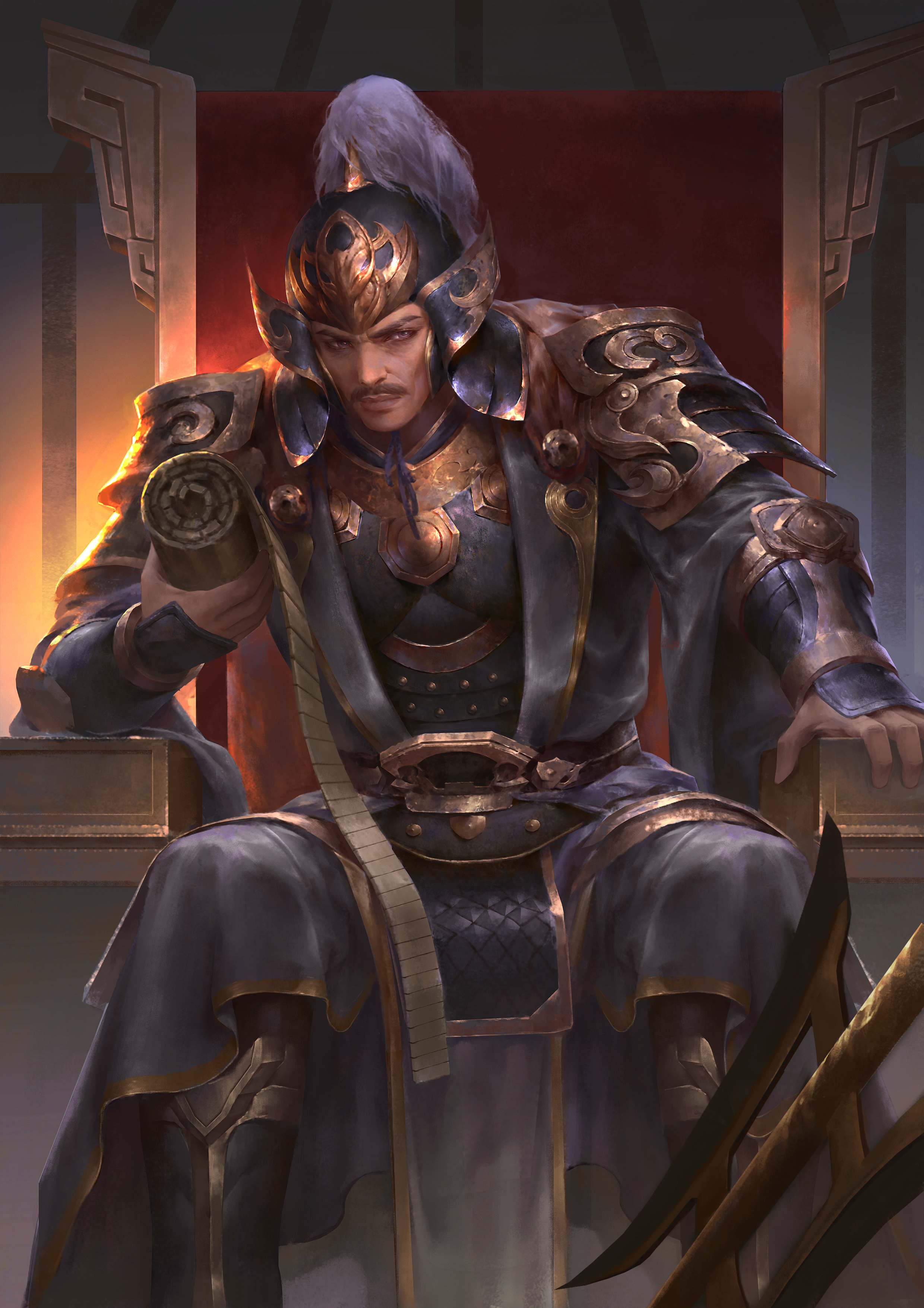 General 2480x3508 Online games sanguosha video games video game characters Asian men armor sitting video game art looking at viewer chair portrait display
