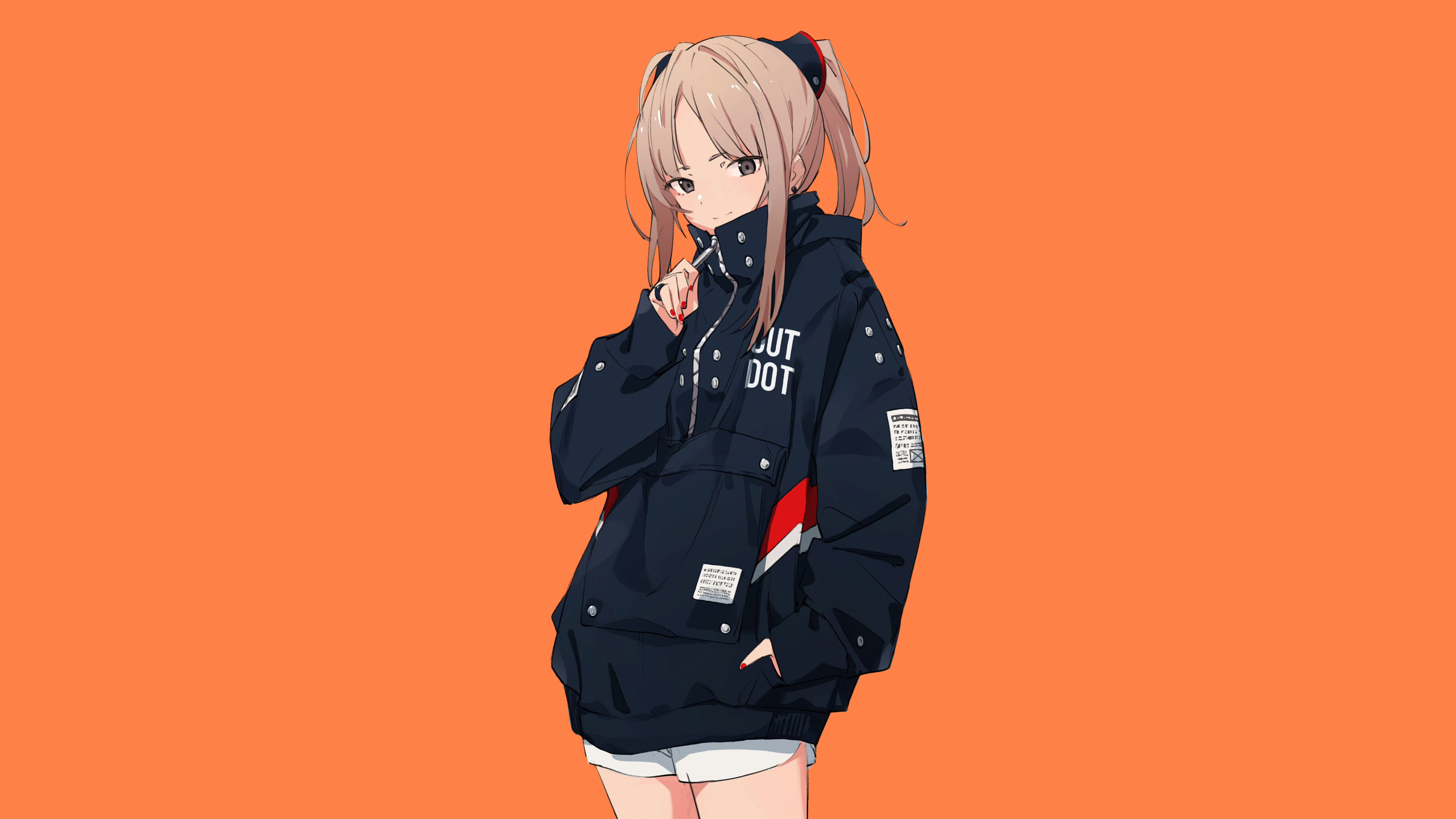 Anime 2560x1440 anime anime girls original characters minimalism simple background artwork drawing 2D Popman3580 orange background jacket looking at viewer smiling short hair hands in pockets