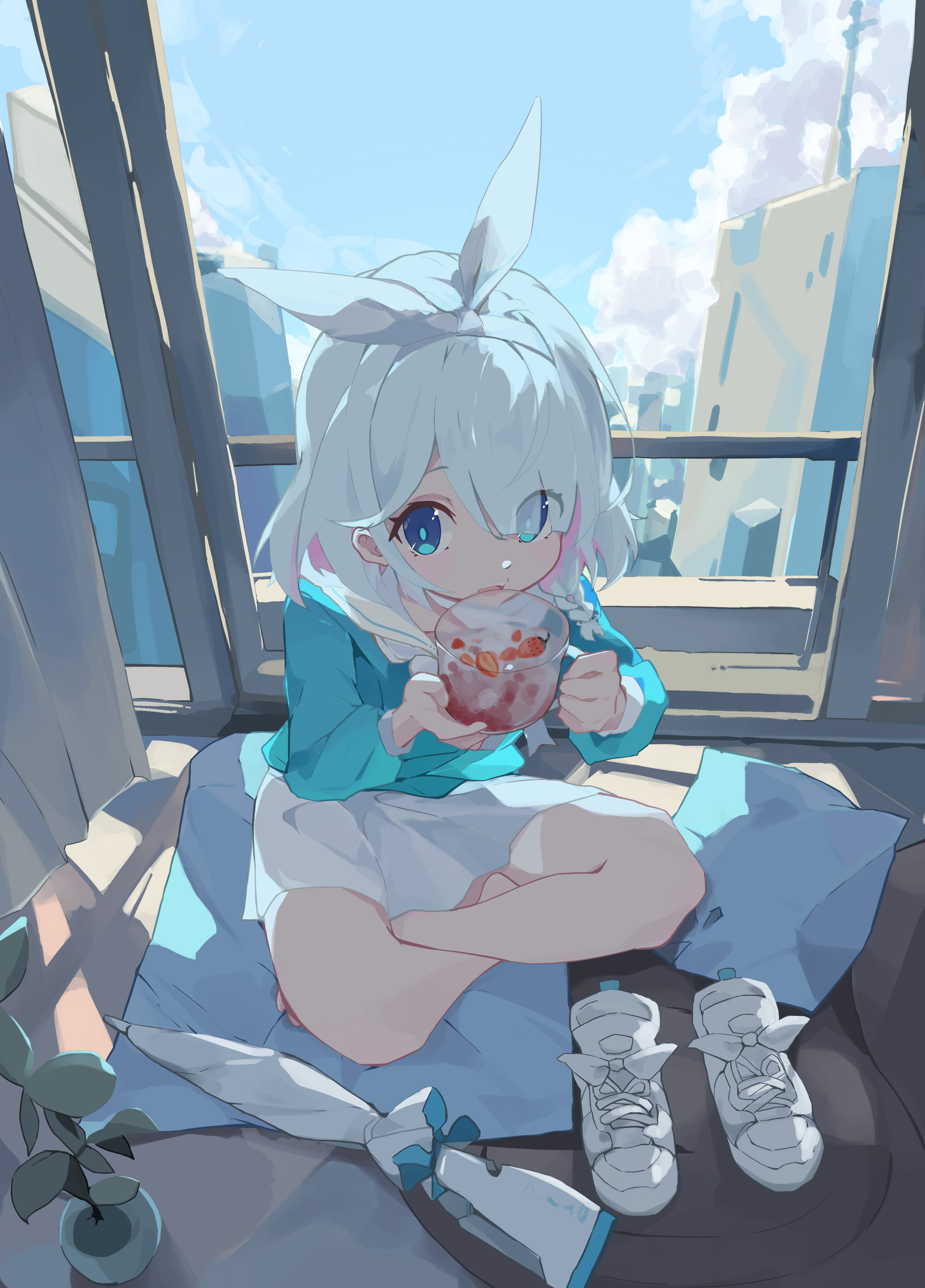 Anime 2800x3900 Blue Archive blue eyes Arona (Blue Archive) anime girls eating anime girls short hair two tone hair sitting looking at viewer shoes indoors women indoors leaves window sky clouds portrait display loli