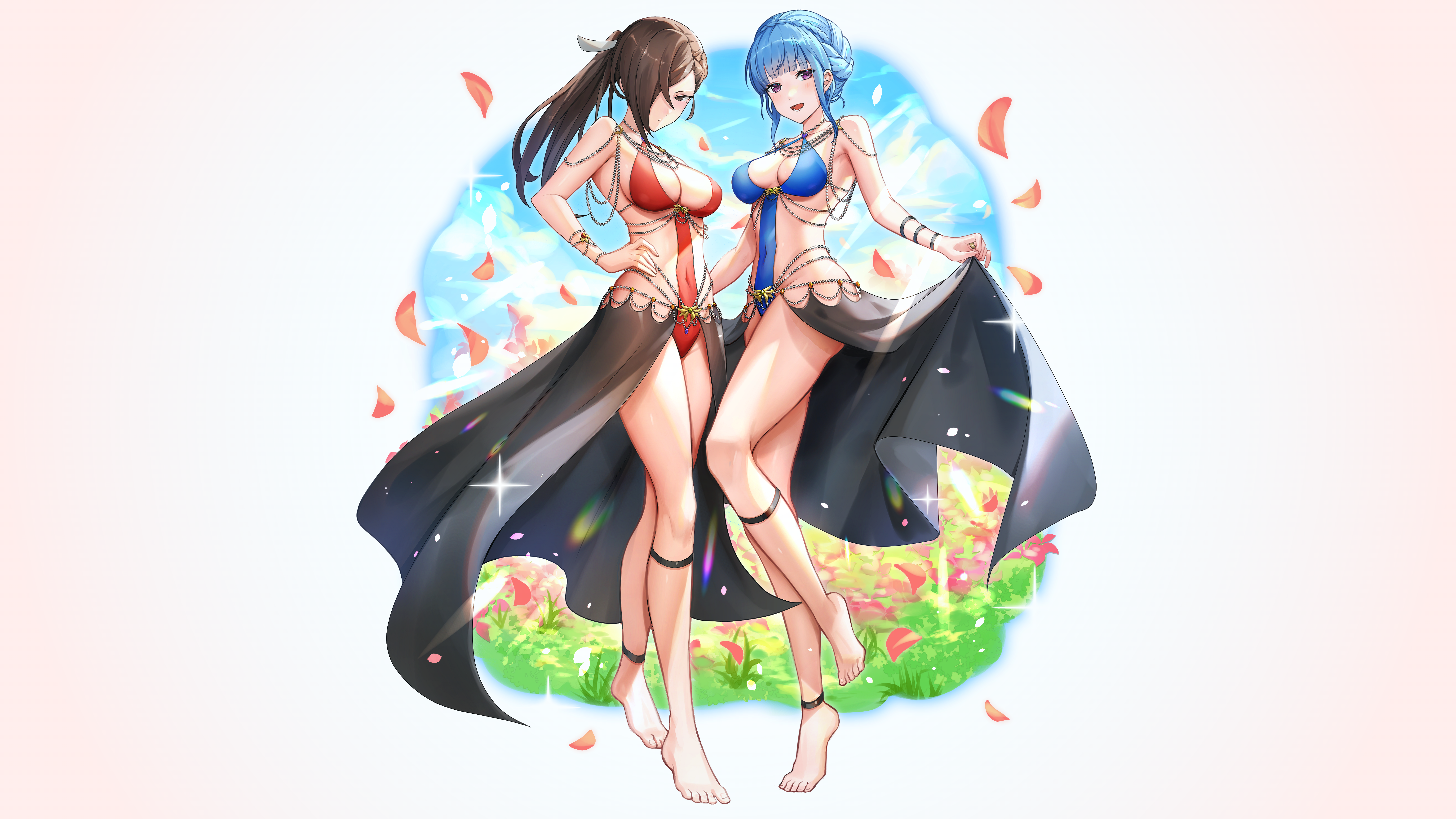 Anime 6153x3461 video game girls swimwear marianne von edmund (Fire Emblem) Fire Emblem Nintendo petals long hair barefoot cleavage boobs big boobs bangs braids hair over one eye jewelry thighs thighs together sunlight lens flare necklace between boobs hair ornament red bikini blue bikini red swimsuit blue swimsuit toes belly button bare shoulders purple eyes brown eyes blue hair brunette necklace video games simple background bikini white background Kagero