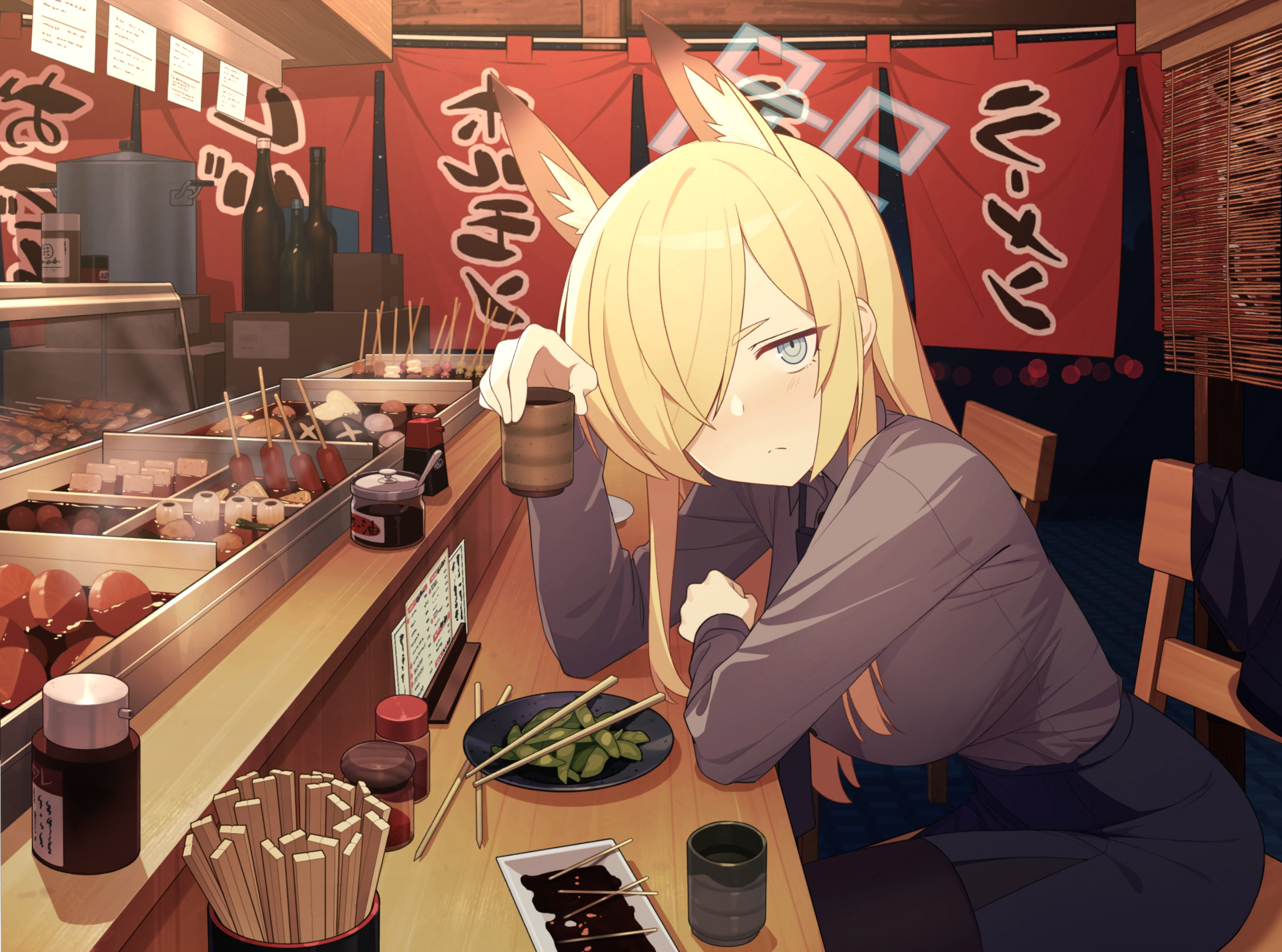 Anime 3439x2553 animal ears pantyhose looking at viewer sitting Kanna (Blue Archive) food blonde blue eyes chair Blue Archive anime girls fox girl fox ears hair over one eye frown long hair plates chopsticks night Japanese