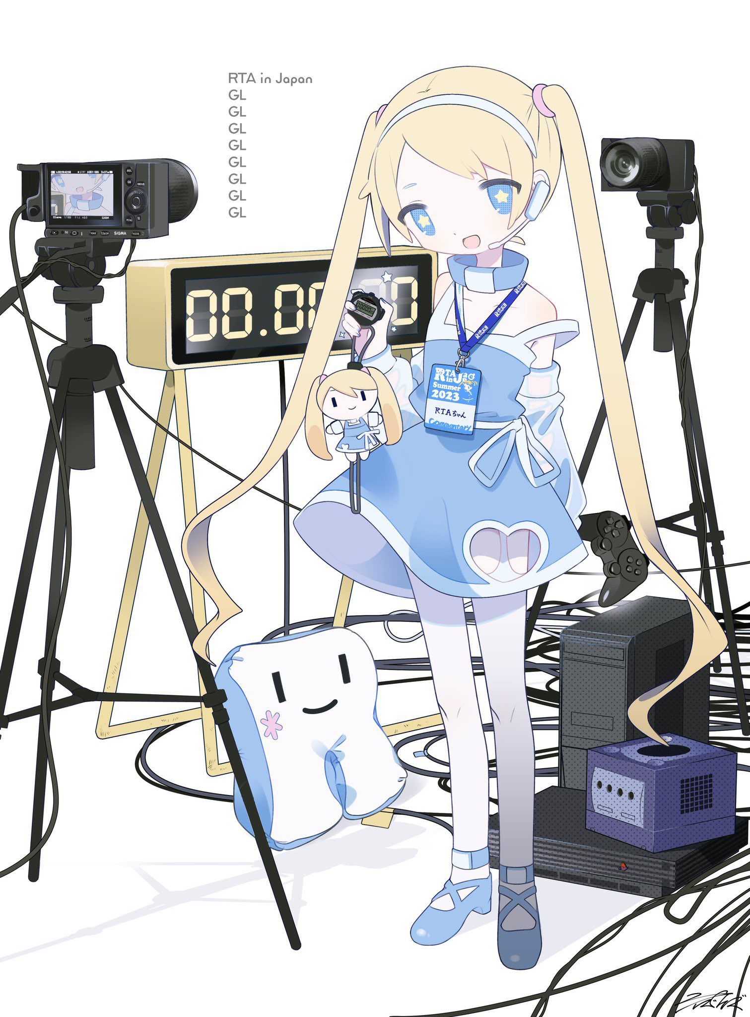 Anime 1511x2048 anime girls women portrait display standing blonde blue eyes open mouth GameCube looking at viewer twintails simple background heels white background camera minimalism long hair signature timer star eyes stockings controllers consoles