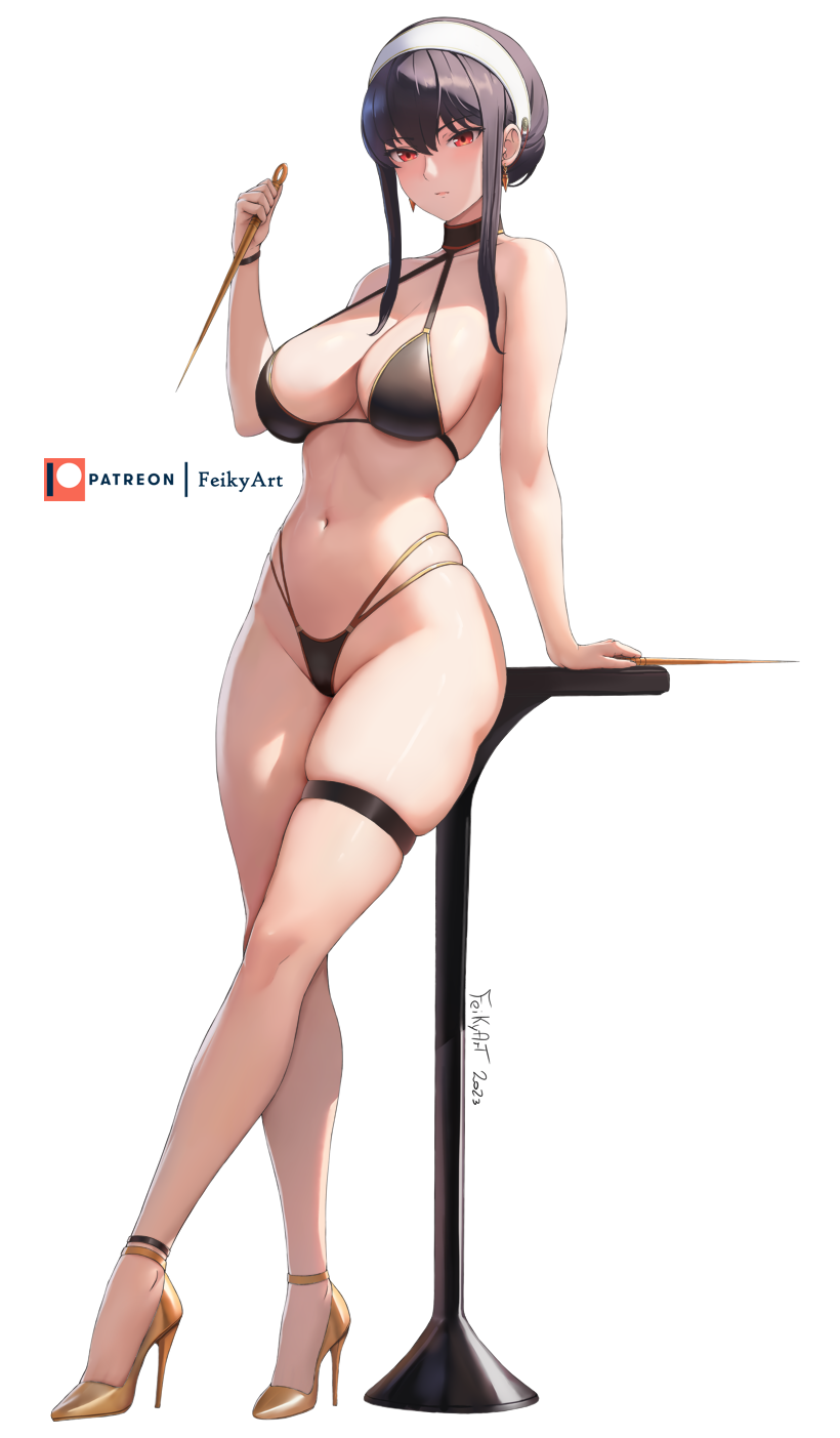 Anime 820x1403 Spy x Family Yor Forger portrait display anime girls black bikinis standing bikini simple background dagger white background looking at viewer hairband watermarked golden heels red eyes closed mouth minimalism thigh strap long hair high heels Feikyart arm support bare shoulders heels big boobs cleavage weapon swimwear table black hair