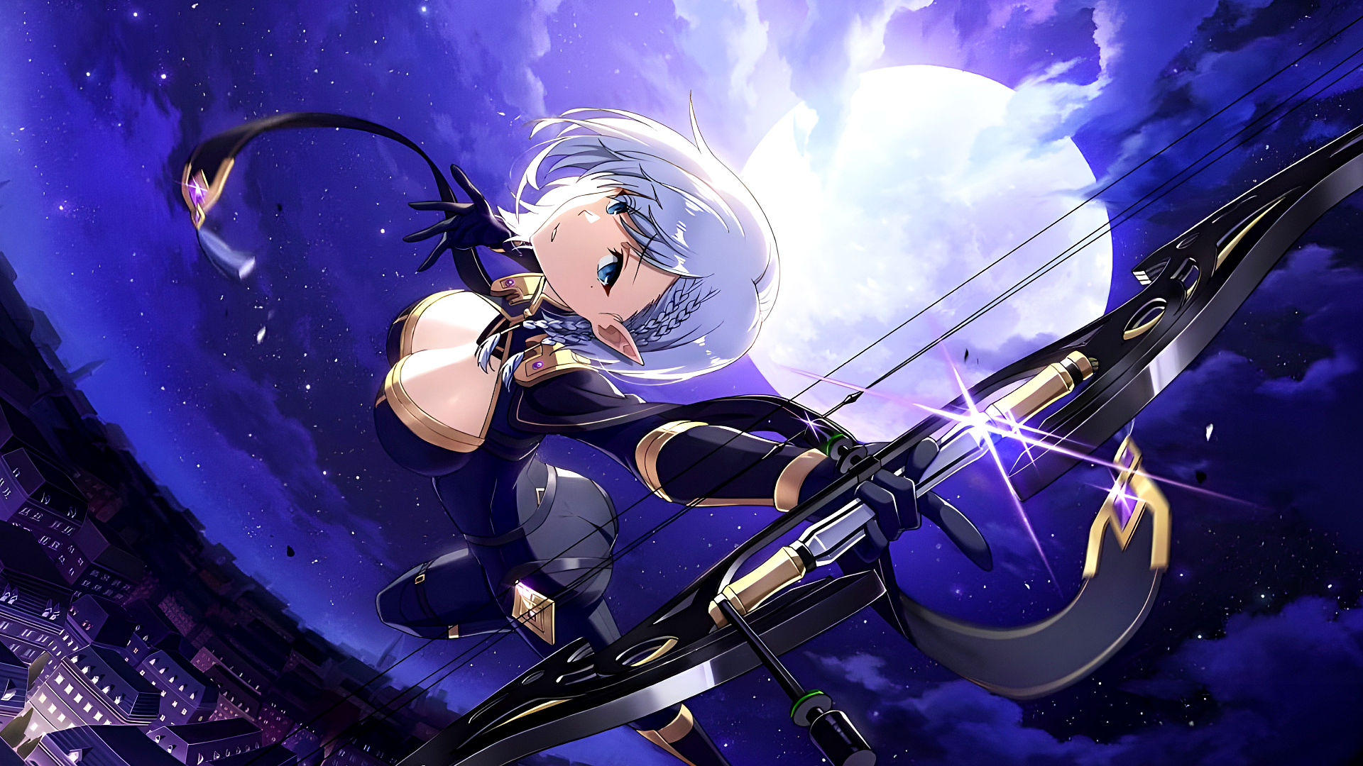 Anime 1920x1080 The Eminence in Shadow anime Shadow Garden bow Natsume (Beta) Moon elves night cleavage looking at viewer big boobs short hair braids sky city cityscape city lights clouds pointy ears blue eyes mole under eye moles blue hair moonlight anime girls stars
