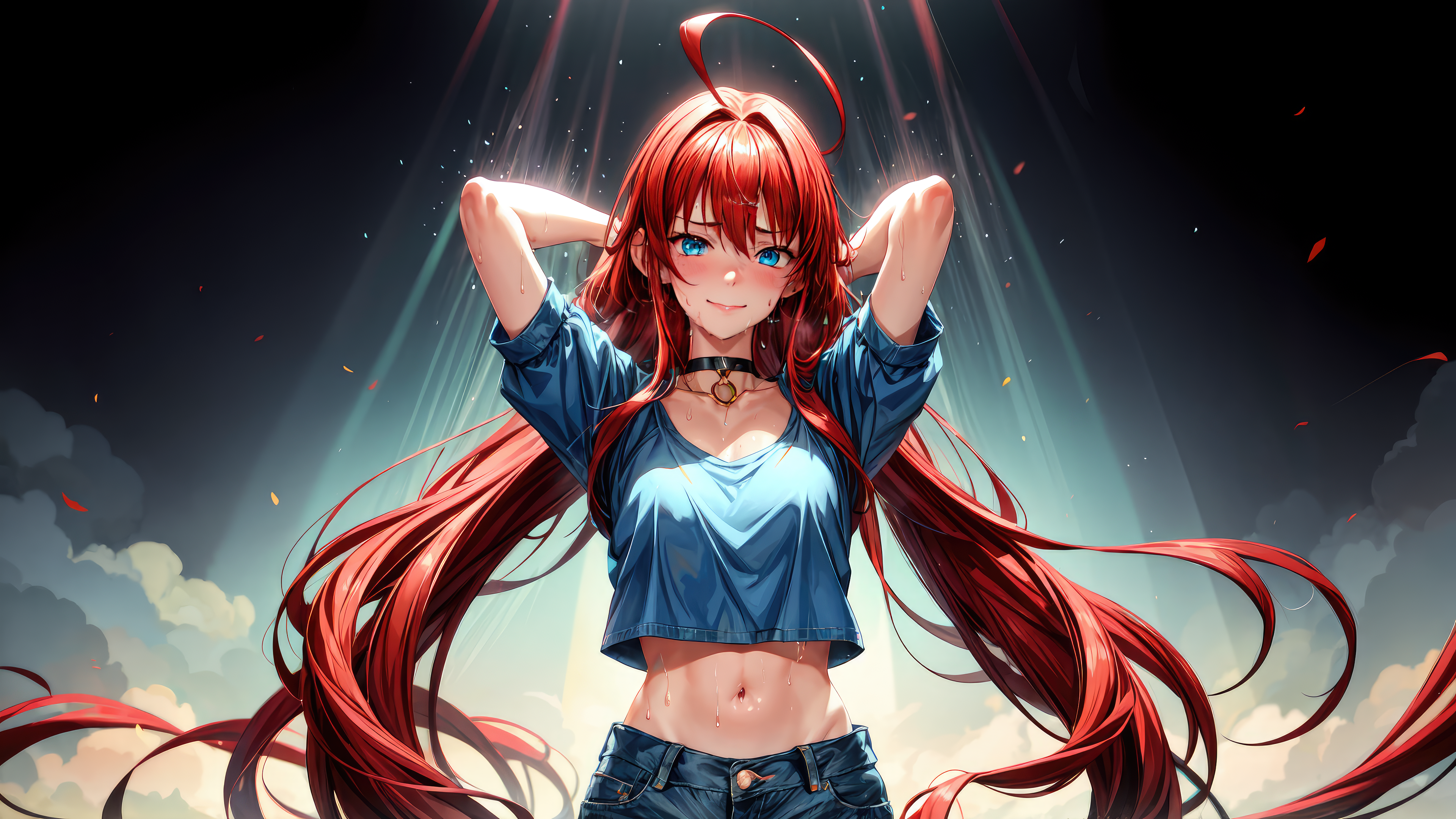 Anime 3840x2160 AI art redhead choker long hair blushing looking at viewer digital art smiling simple background belly arms up belly button arm(s) behind head twintails closed mouth minimalism tank top clouds