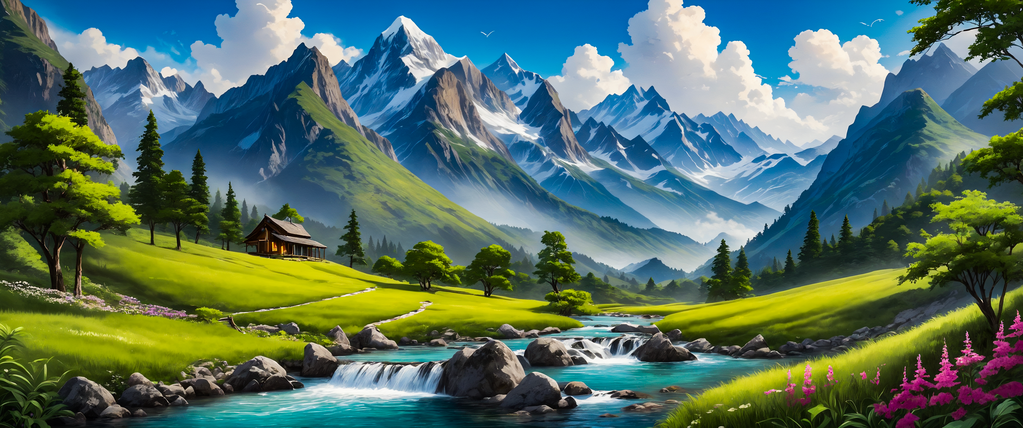 General 3440x1440 AI art landscape river water sky clouds trees rocks digital art mountains snowy mountain nature flowers leaves snow